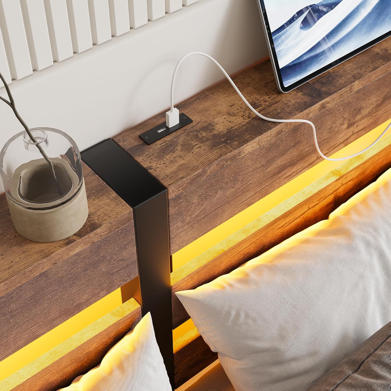 VERFARM Full Size Bed Frame Double with Charging Station and LED Lights, Full Heavy Duty Metal Platform Bed Frame with Wood Storage Headboard, No Box Spring Needed, Noise Free, Black+Brown - Image 6