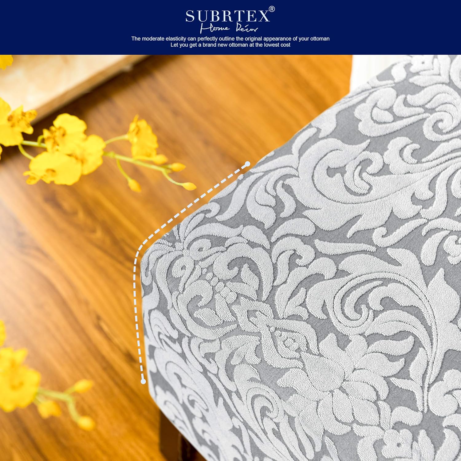 SUBRTEX Stretch Storage Ottoman Slipcover, Jacquard Damask Stool Protecetor, Spandex Elastic Rectangle Footstool Sofa Cover(XL,Light Grey)