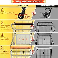 Vista 2 de Wellmax Carrito de comestibles plegable con ruedas, carrito utilitario de metal resistente con parte inferior de malla, cesta trasera adicional