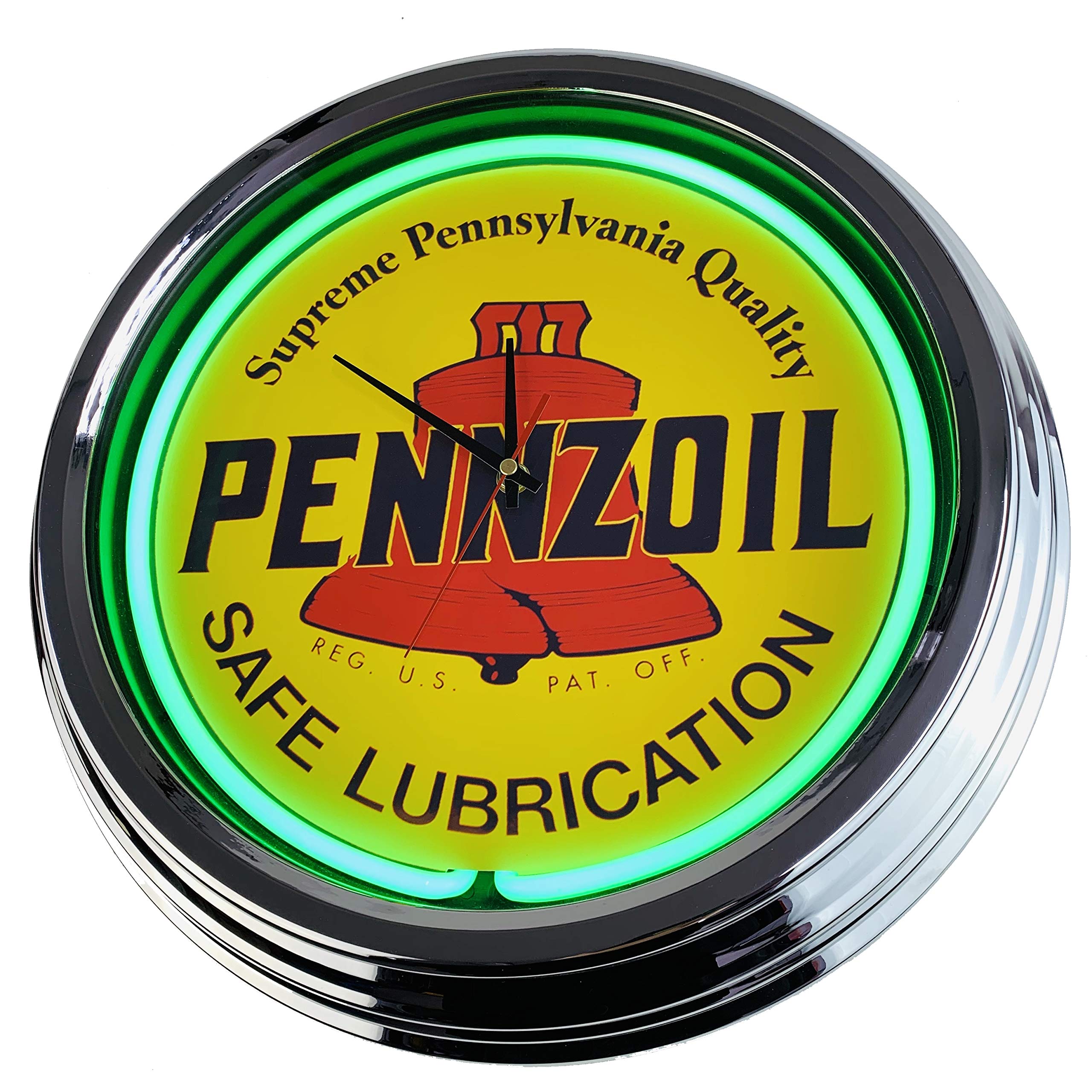 Neon clock "Pennzoil" wall clock Deko-clock illuminated clock USA 50's Style Retro neon clock dining room kitchen Living room office (Grün)