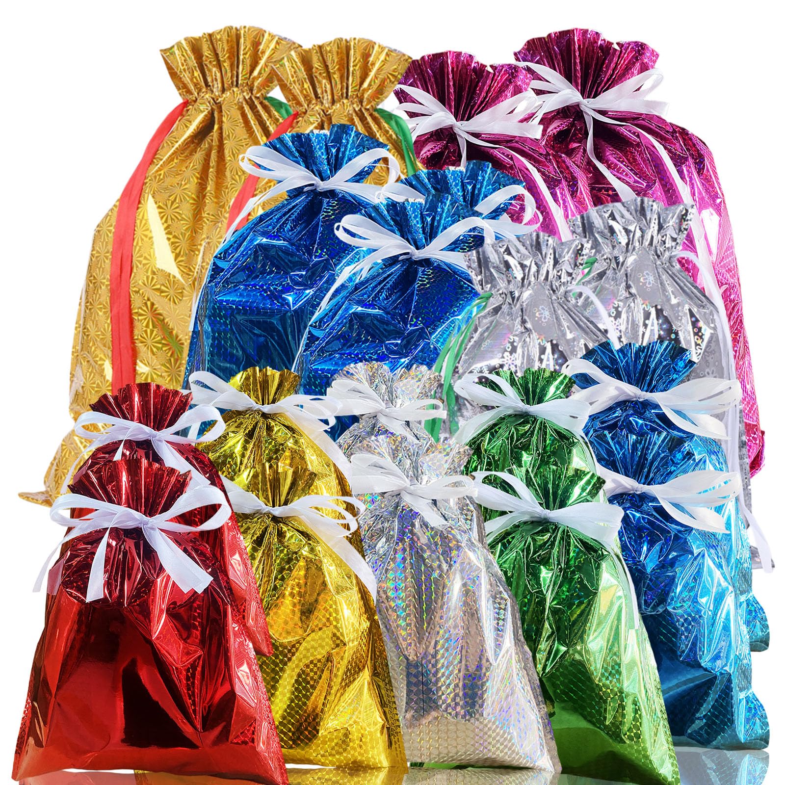 18 Pack Solid Color Foil Gift Bag Multipack Drawstring Gift Bags,8 Color Shimmer Wrapping Bags,Jumbo Xmas Bag,Reusable Large Christmas Foil BagsGift Wrapping Bagfor Presents Birthday Wedding Party