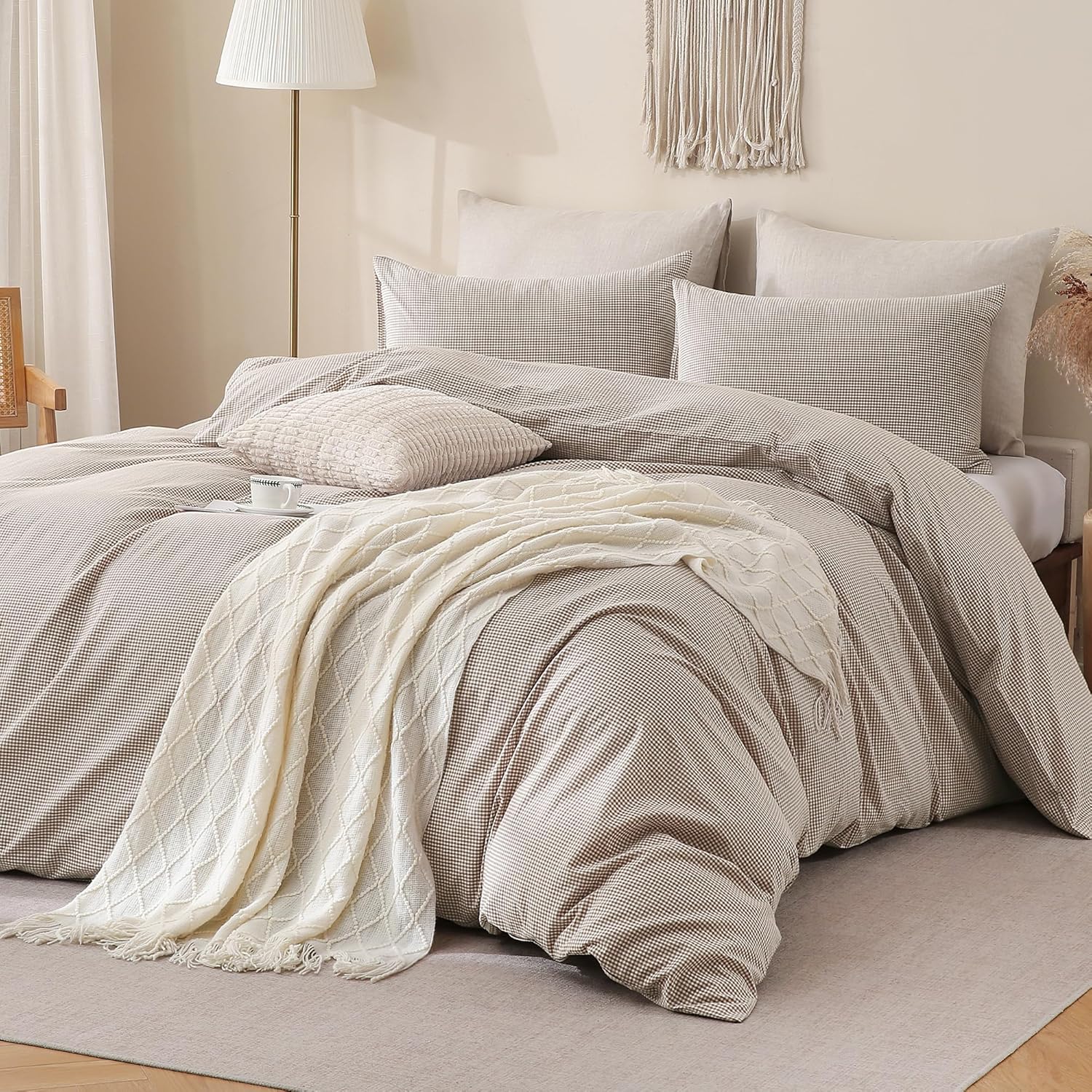 TOCOMOA Mini Gingham Tan Duvet Cover Bedding Set 100% Washed Cotton Like Linen Feel Super Soft Comfy 3 Piece Brown Small Plaid Checkered Comforter Cover Set (Queen 90"x90", Comforter Not Included)
