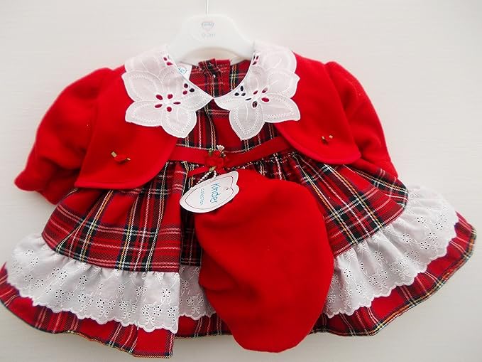 BNWT baby girls Kinder red & black tartan dress with bolero and hat, 0