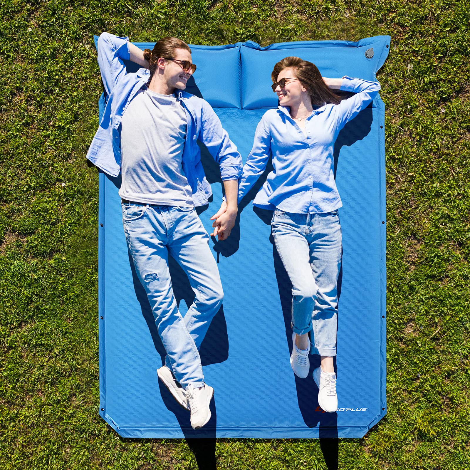 GOPLUS Dubbele slaapmat, campingmatras, isomat, zelfopblazend, ultralicht, voor 2 personen, met 2 zelfopblazende kussens, gemaakt van pongé en spons, voor wandelen, kamperen en reizen (groen