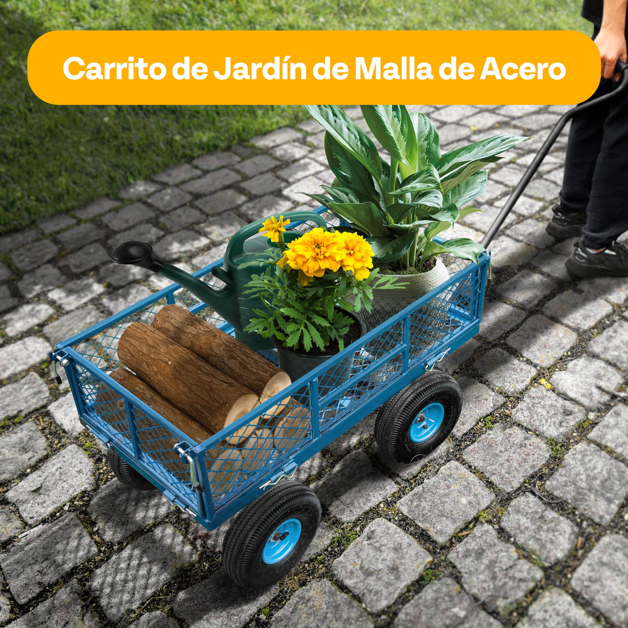 VIVOHOME Carro de Jardín hasta 400kg con Ruedas Neumáticas Grandes Laterales Desmontables, Carretilla de Mano Transporte con Manija Giratoria de 180° para Compra Camping Festival Azul