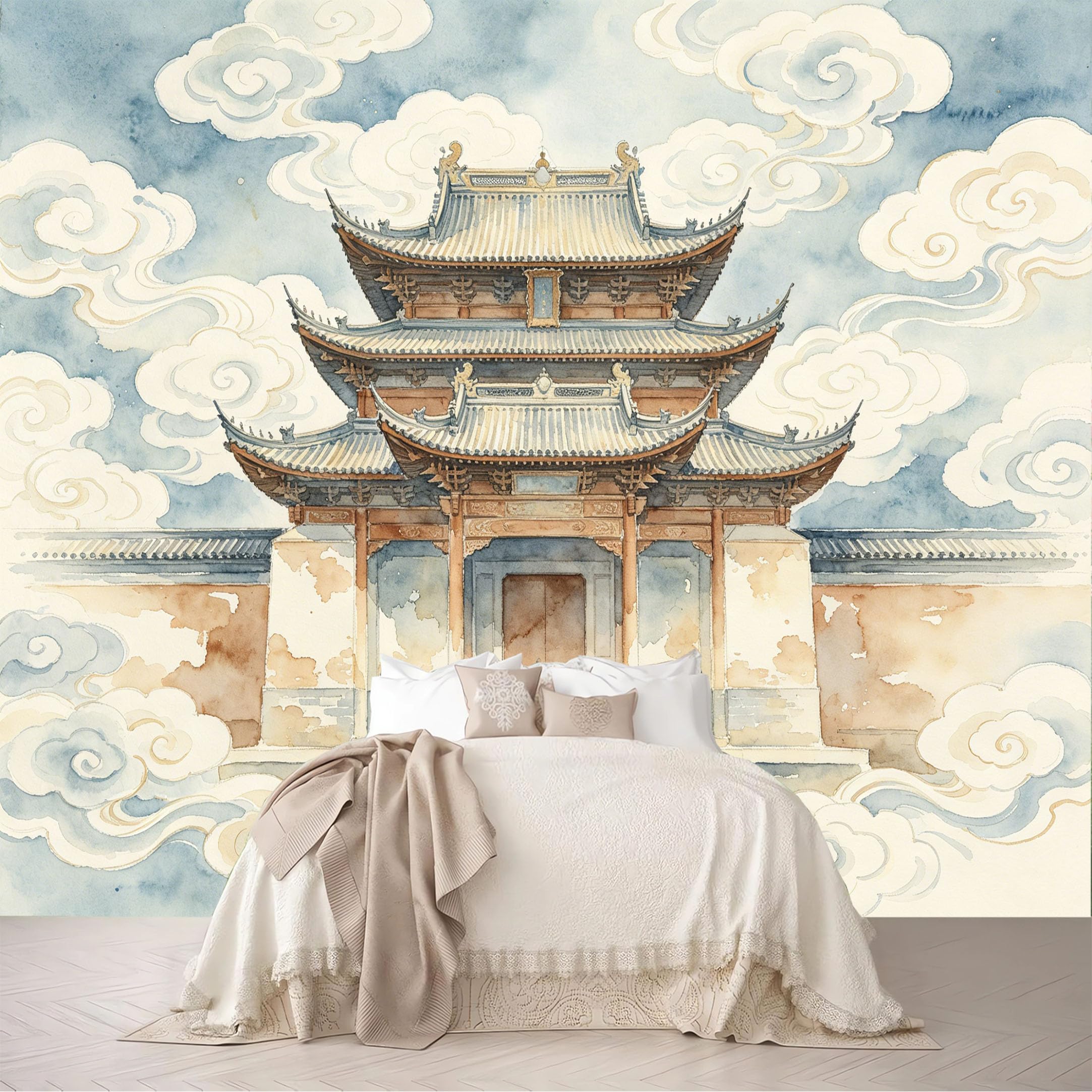 Dskjoviality Ab260706074 Custom Size Wall Murals Watercolor Ancient Temple Swirl Cloud Removable Self-Adhesive For Bedroom Living Room Dining Room