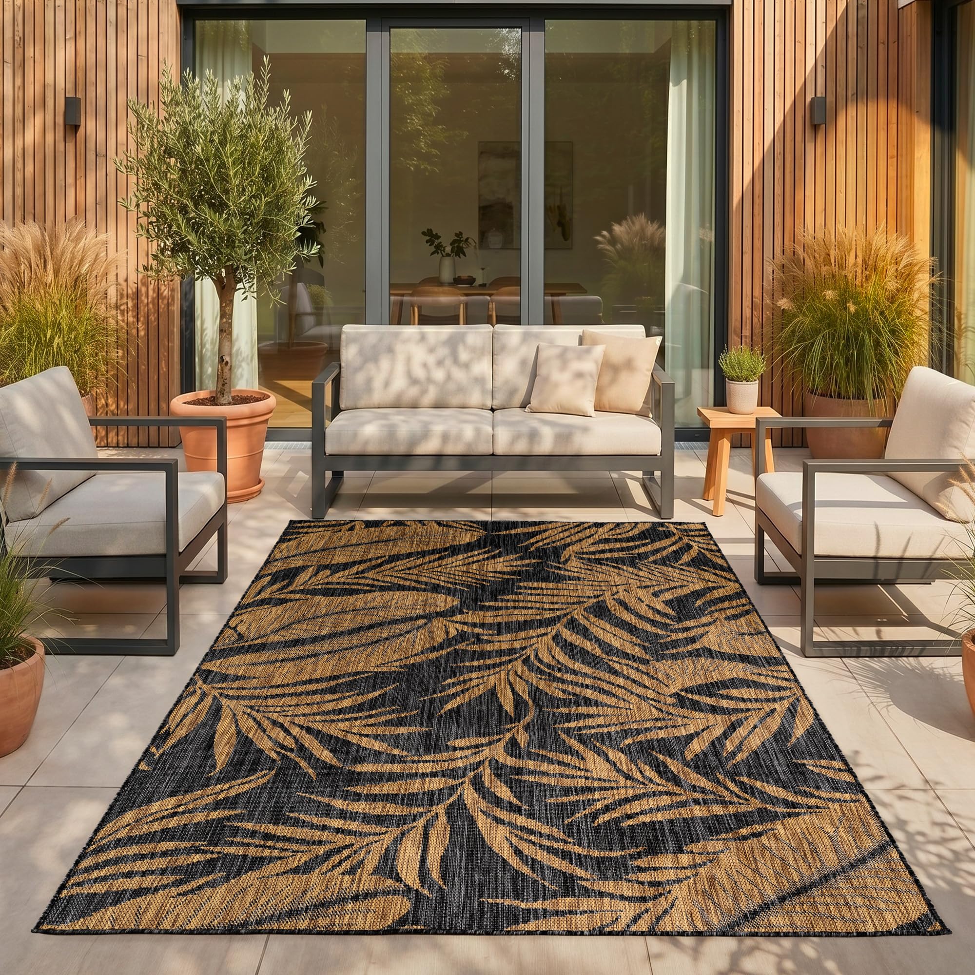 SIMPEX Outdoor Teppich Beige Balkon Terrasse Garten Wetterfest UV-beständig Teppich Einfarbig Flachgewebe Pflegeleicht Robust Modern