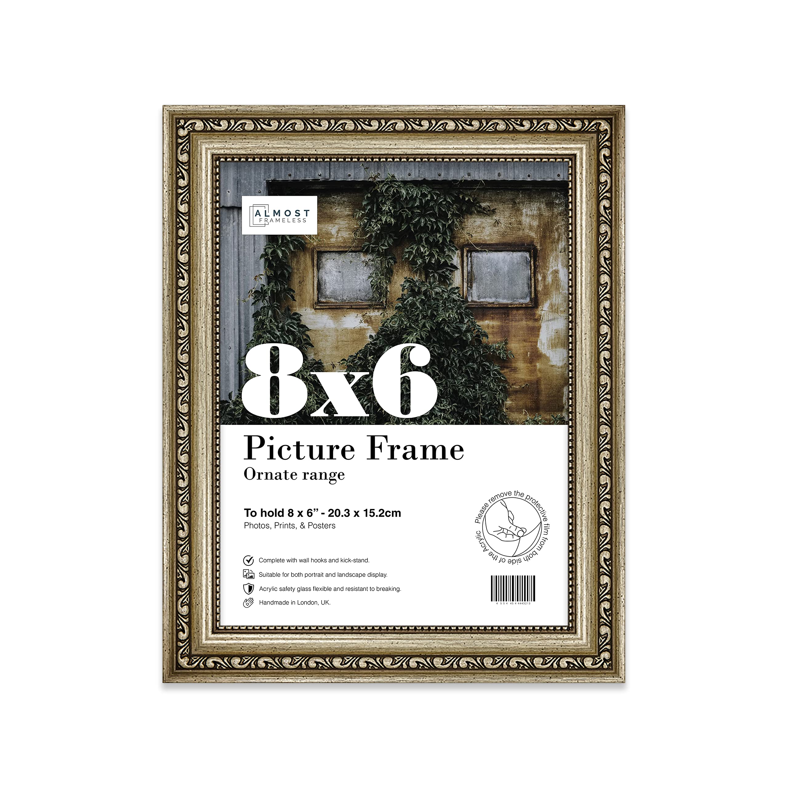Almost Frameless 8x6 Champaign Ornate Picture Frame 8"x6"(20.3x15.2cm) Poster, Photo, Artwork, or Print. Shabby Chic Style Portrait and Landscape Display with Wall Hooks