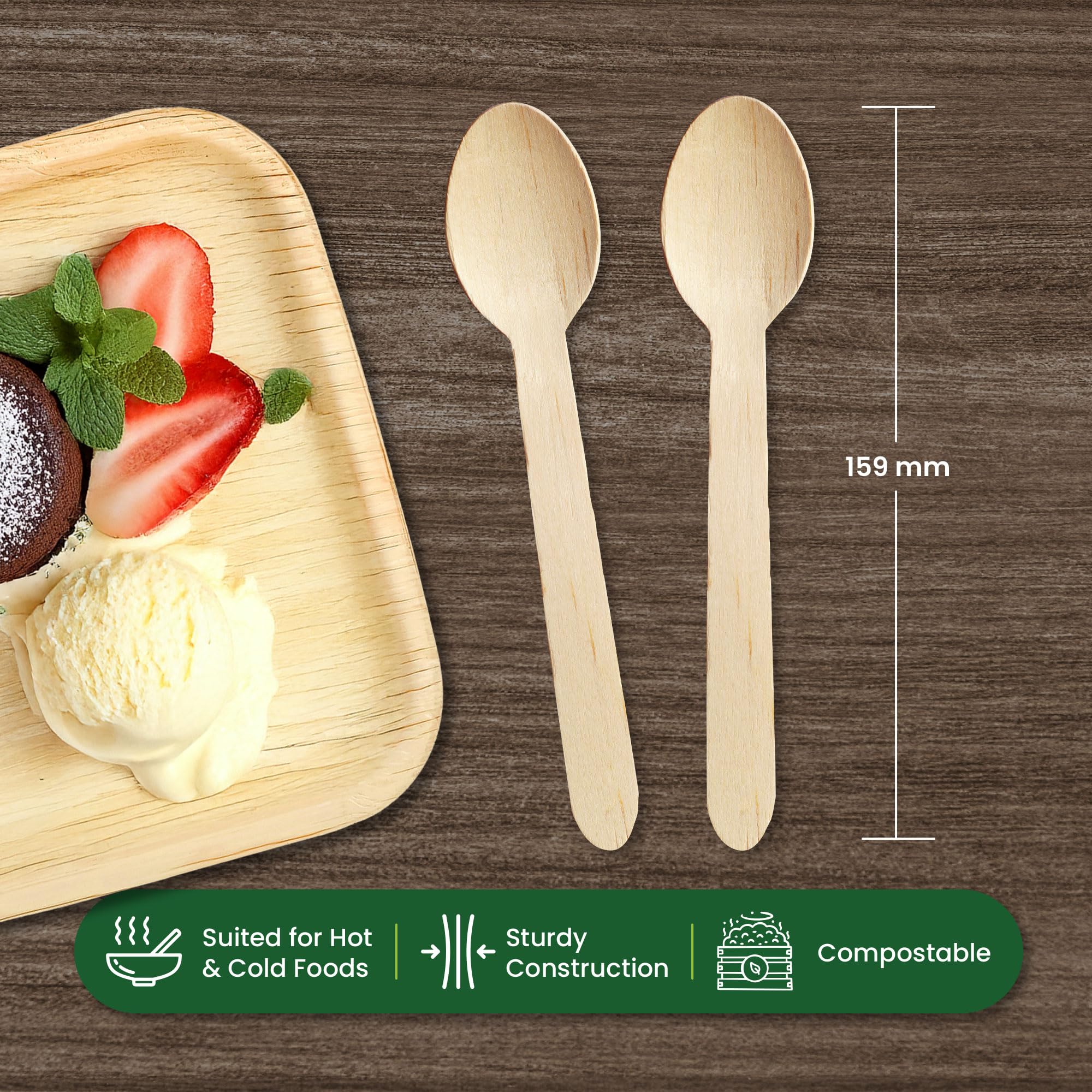 Eco Leaf 100pcs Disposable Wooden Spoons, 16cm, Biodegradable & Compostable Eco-Friendly Cutlery Set for Weddings Picnics - Image 3