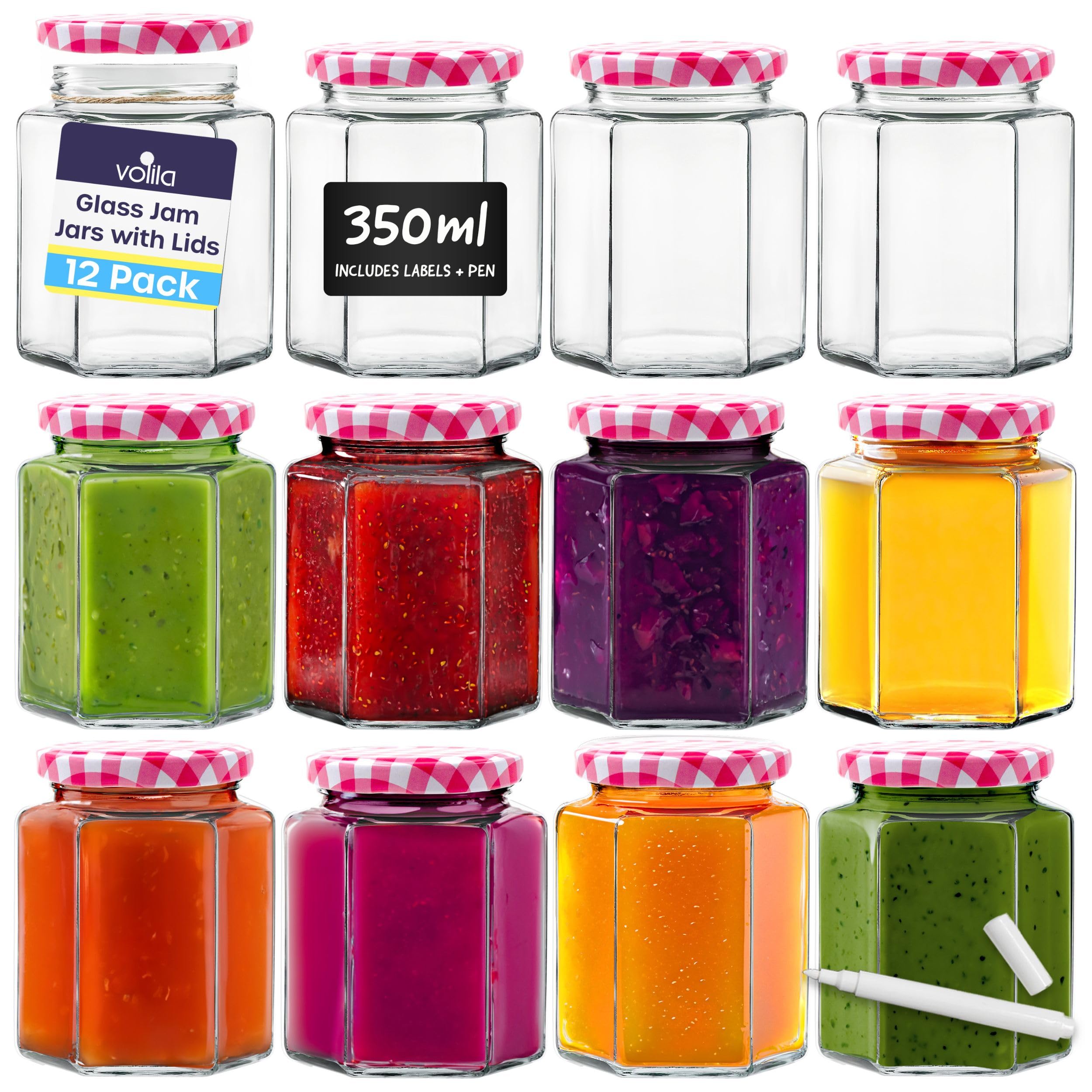 volila Glass Jars with Lids 350ml - 12 Pack Hexagonal Jars with Red Gingham Screw Top Lids - Airtight Glass Jars with Lids for your Homemade Jam, Marmalade and Chutney - Jam Jars with Lids