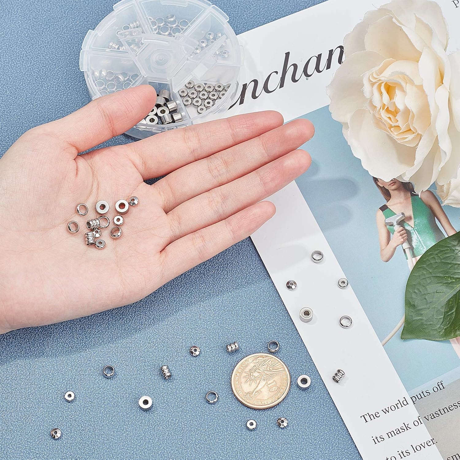 UNICRAFTALE 120pcs 6 Sizes Spacer Beads Stainless Steel Loose Beads 4.5/5/6mm Column & Rondelle & Ring & Flat Round Spacer Bead for DIY Jewelry Making Stainless Steel Color - Image 3