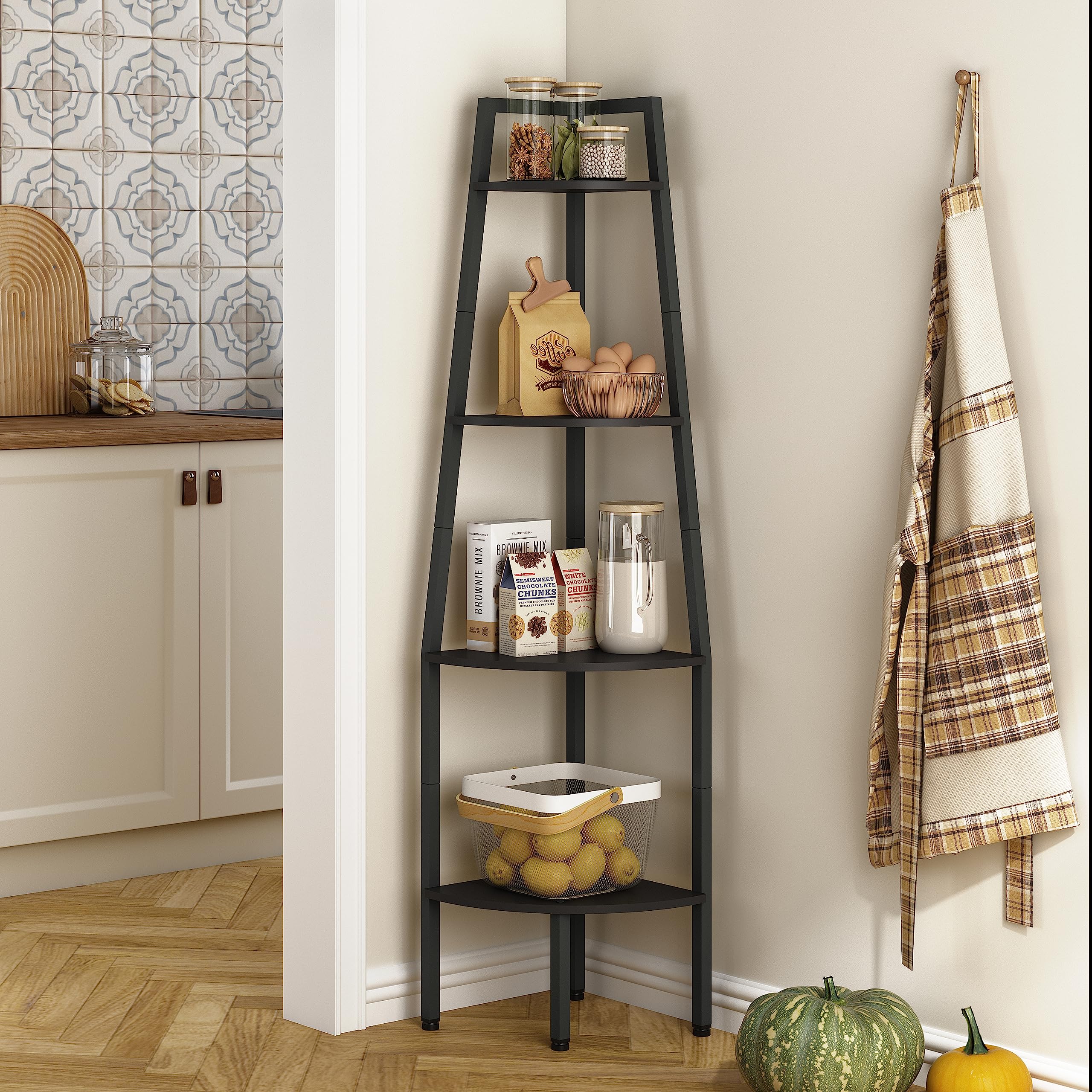 Hoctieon Corner Shelf, Industrial 4-Tier Corner Bookshelf, Rustic Corner Ladder Shelf, Corner Bookcase for Small Spaces, Corner Shelf Stand, Tall Standing Shelf, Black