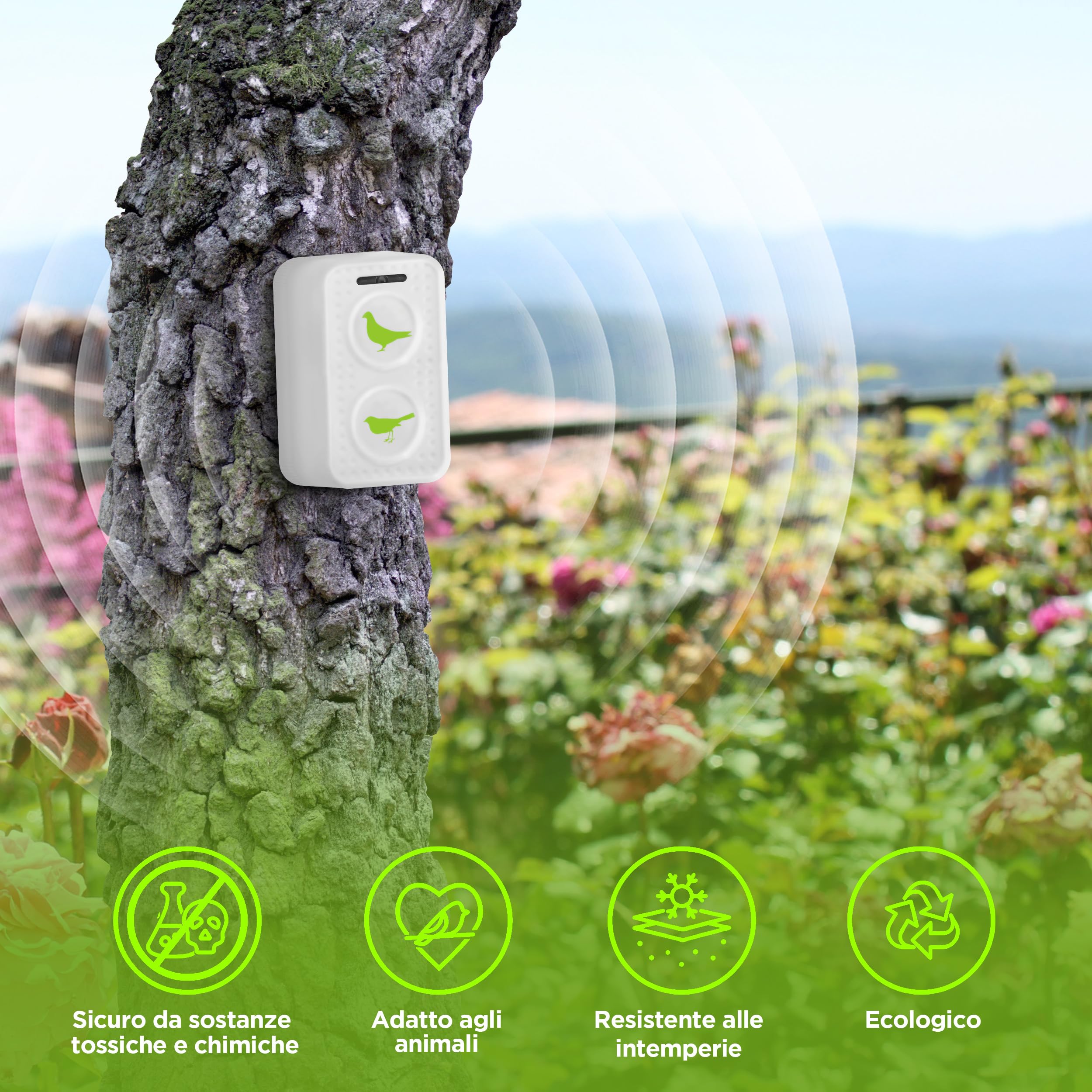 ISOTRONIC dissuasore uccelli ultrasuoni piccioni passeri gabbiani corvi batteria balconi tetti giardini raggio 50m² 2 unità efficace esterno protezione difesa stop volatili ecologico mobile casa