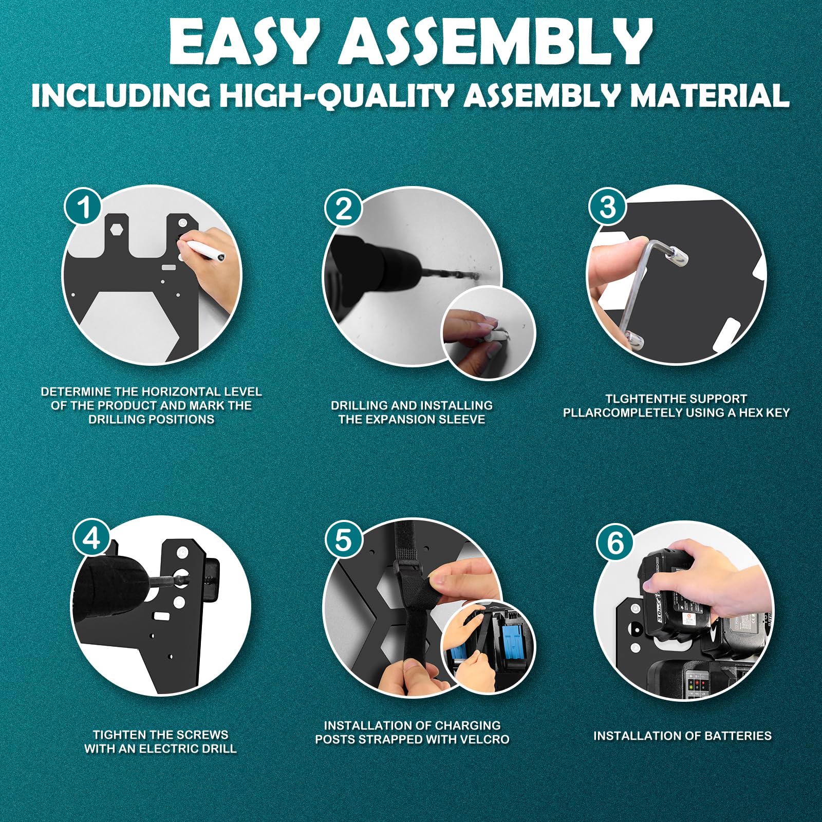 Wandhalterung für Makita Akkus und Ladegeräte – 2 mm Eisen mit Premium Montagematerial, hochwertige Makita Akku Halterung, passend für 4 Akkus (14,4V/18V), DC18RC/DC18RD Ladegeräte & 2 Bohrschrauber