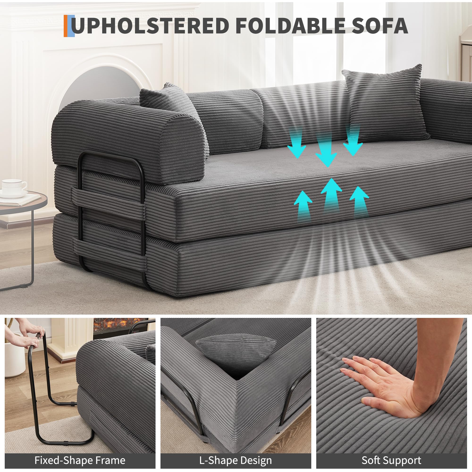 IDEALHOUSE 79" Convertible Futon Sofa Bed, Boneless Couch for Living Room | Folding Corduroy Sleeper Sofa, Modular Pull Out Couch with Pillows, Loveseat,No Assembly | Gray