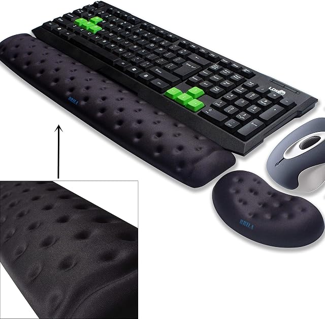 BRILA Memory Foam Mouse & Keyboard Wrist Rest Support Pad Cushion Set for Computer, Laptop, Office Work, PC Gaming - Massage Holes Design (Black Bundle)