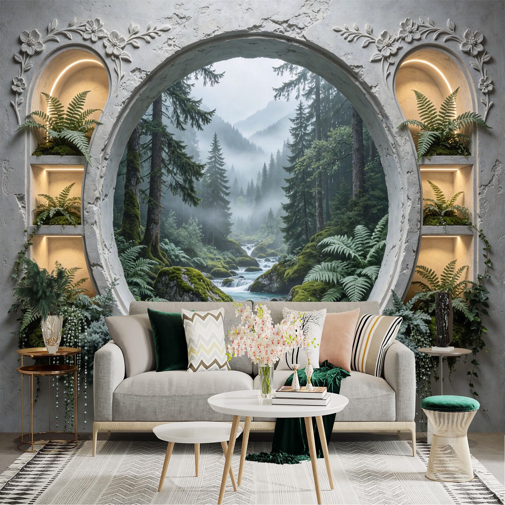 Custom Size Wall Sticker Mural， Misty Forest Waterfall with Green Ferns and Mountain Stream， for wall Decoration， peelandstick wall Decals.