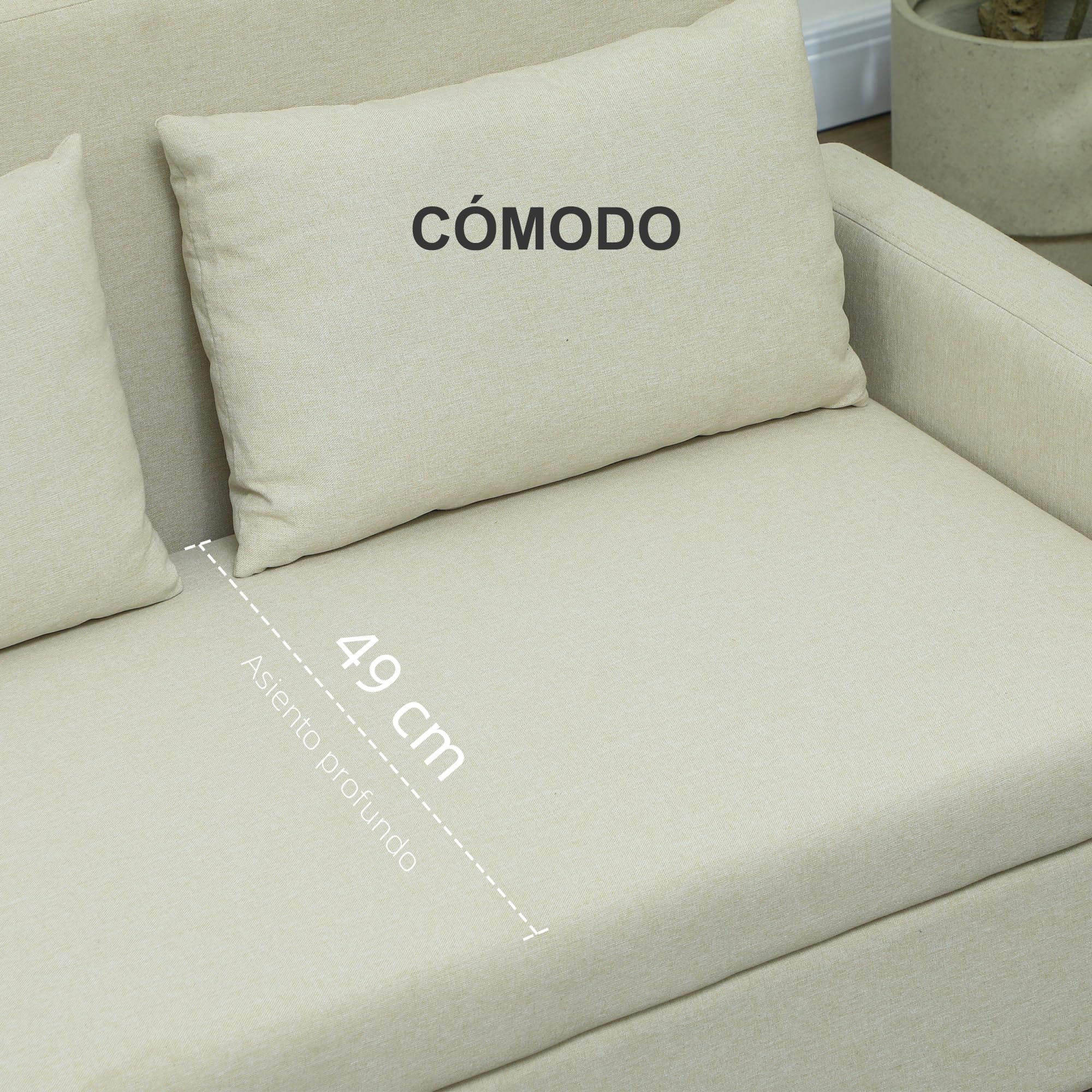 HOMCOM Sofá de 2 Plazas Tapizado en Lino Sintético con Espacio de Almacenamiento Oculto Sofá de Salón con 2 Almohadas Bolsillo y Patas de Madera Carga 240 kg 135x72x84 cm Beige