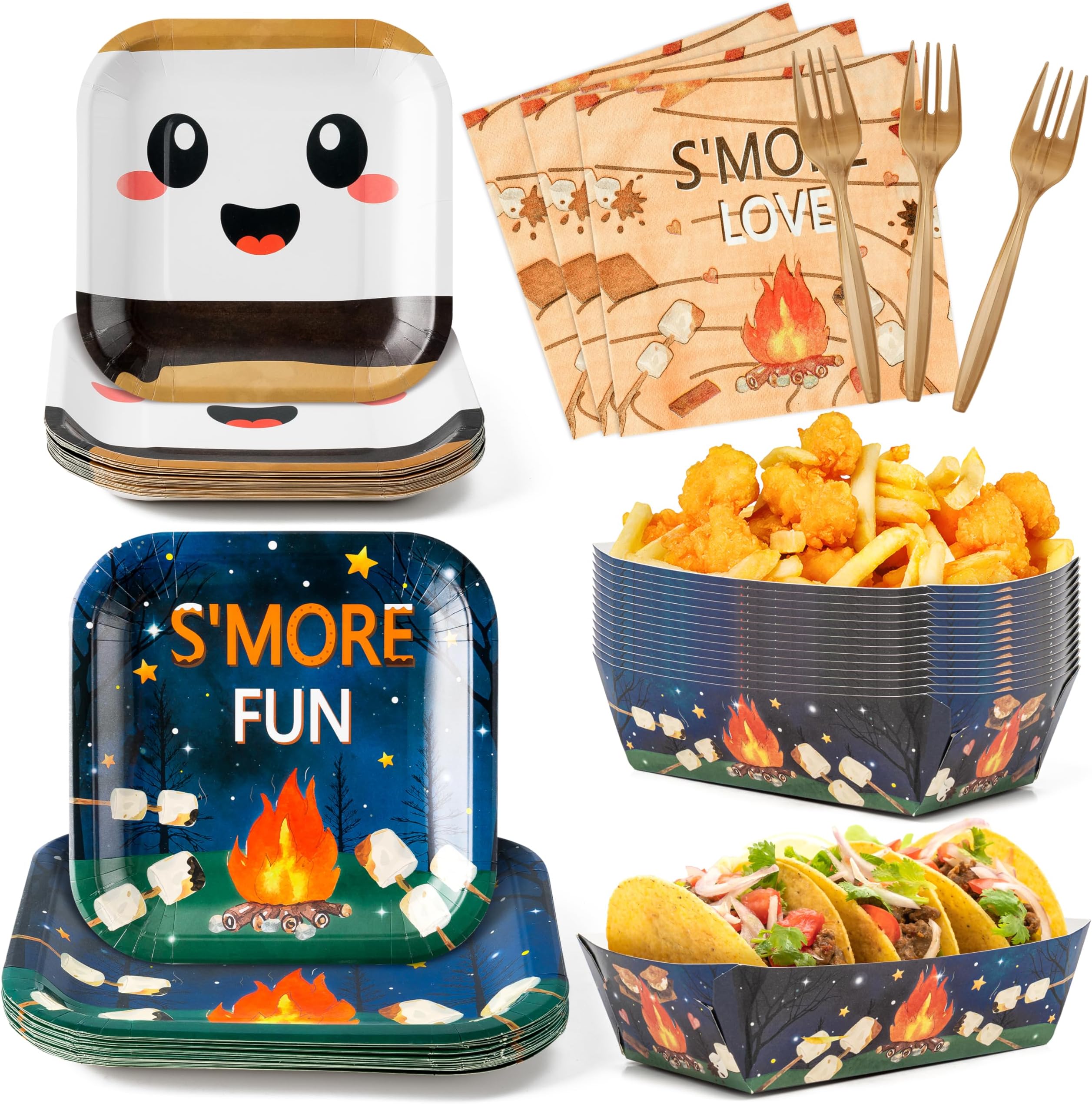 S’Mores Camping Decorations Supplies - Serves 24-120Pcs S’More Love Fun Party Tableware, Disposable Paper Plates Napkins Forks Food Trays Serving Boats for Kids Party Birthday Baby Shower