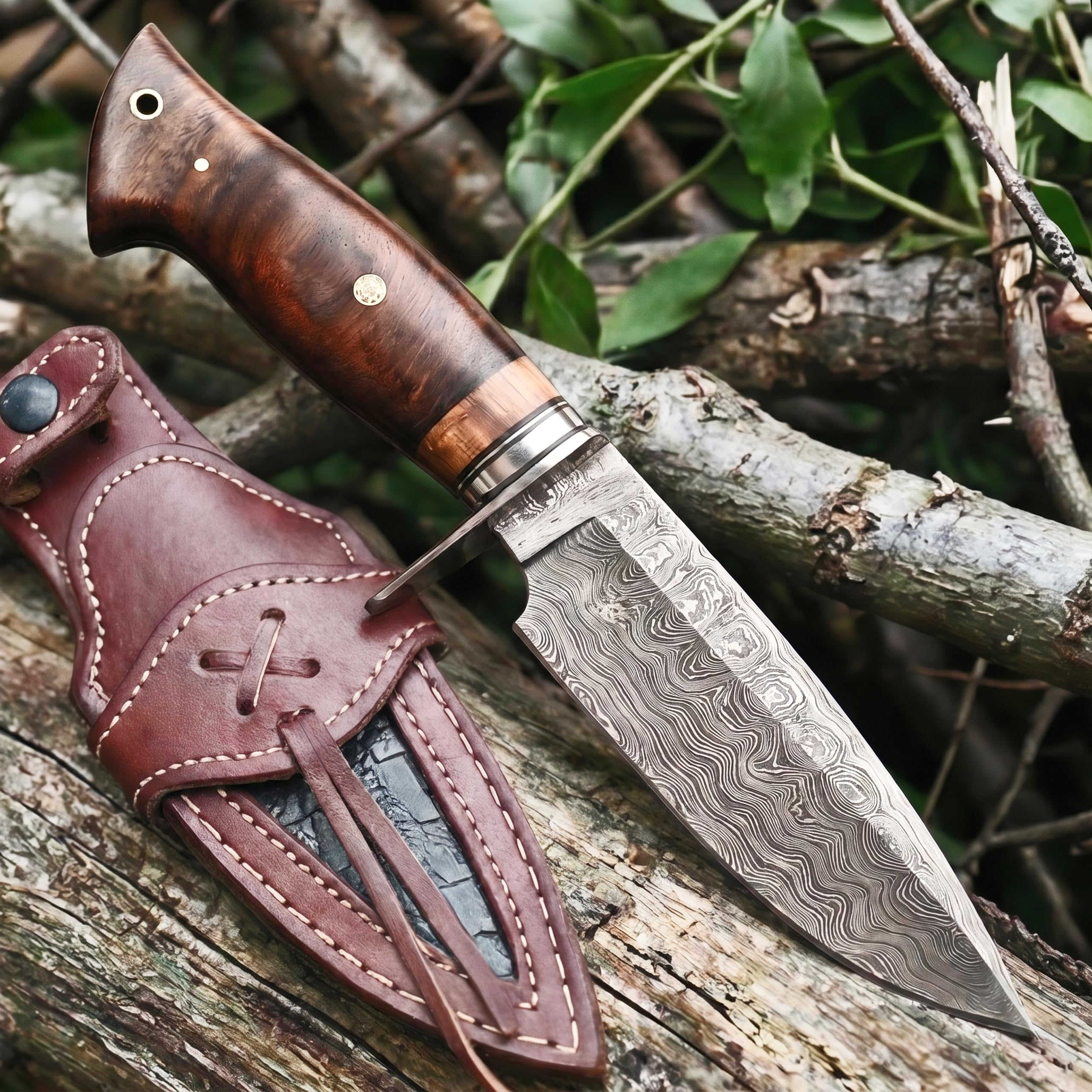 BIGCAT ROAR Wild Tiger - Coltello da Caccia in Acciaio Damasco Artigianale 25 4 cm - Manico in Legno di Noce e Fodero in Cuoio - Bushcraft Campeggio Sopravvivenza - Regalo Uomo Cacciatore