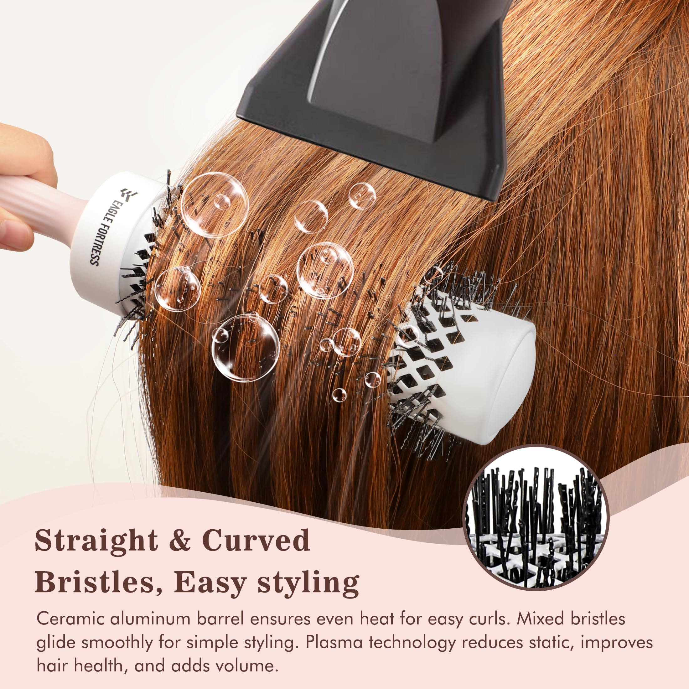 EAGLE FORTRESS Cepillo redondo para soplar, cepillo redondo nano térmico de cerámica e iónico para secado con secador, cepillo de peinado de 1.7 pulgadas de diámetro para cabello de longitud media