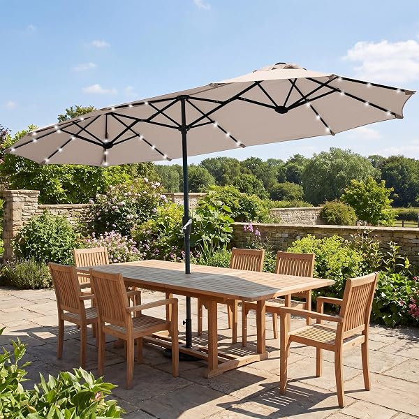 FREE SOLDIER Patio Offset Umbrella with 32 LED Lights Solar LED Cantilever Umbrella With Crank and Cross Base Outdoors H