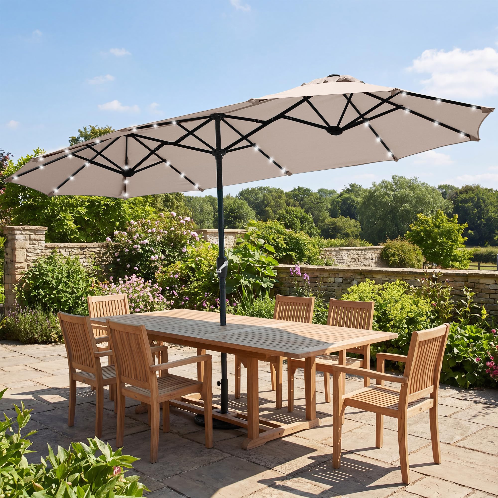 Amazon.com : FREE SOLDIER 13ft Patio Umbrella with 36 LED Solar Lights  Double Sided Outdoor Umbrella for Patio Table Umbrella with Solar lights  for Garden Yard Pool (Beige) : Patio, Lawn & Garden