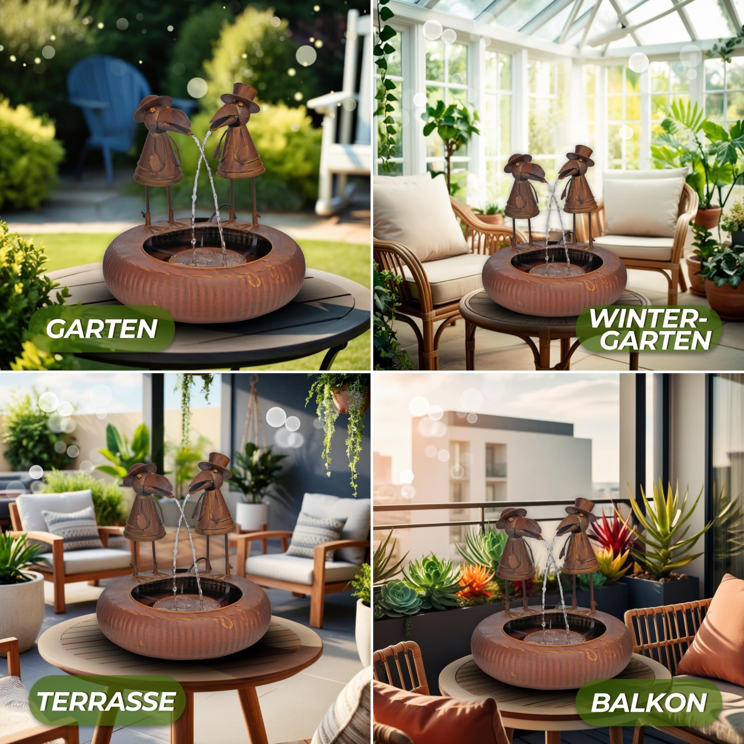 Schauer Metallbrunnen mit Zwei Raben – Wasserspiel in Rostoptik – Gartenbrunnen, Wasserspeier & Gartendeko für Draußen – Zimmerbrunnen, Springbrunnen & Tischbrunnen für Garten, Terrasse & Balkon