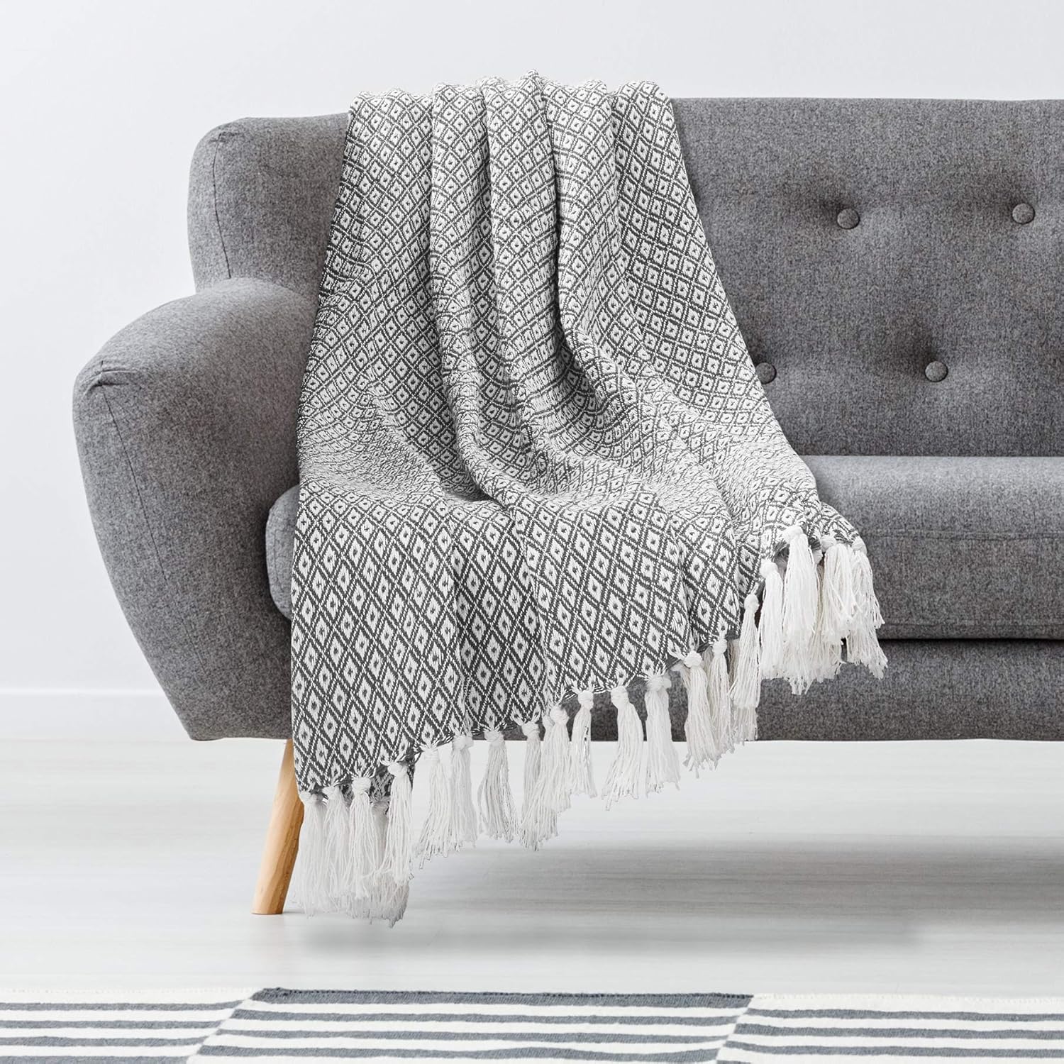 Americanflat 50x60 Throw Blanket - Soft and Breathable Cotton Throw Blanket for Couch, Bed, Chair - Decorative Blankets Perfect for Home or Outdoor Use - Cloud Grey and White Mini Diamond Design - Image 4