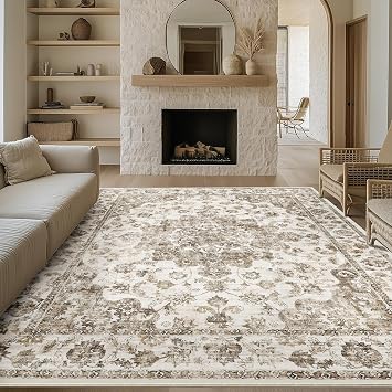 HUGEAR Vintage Rugs Living Room Brown Large Area Rug 200x300cm Non Slip Washable Hall Lounge Bedroom Kitchen Office Dining Room Indoor Carpet Low Pile Big Carpets