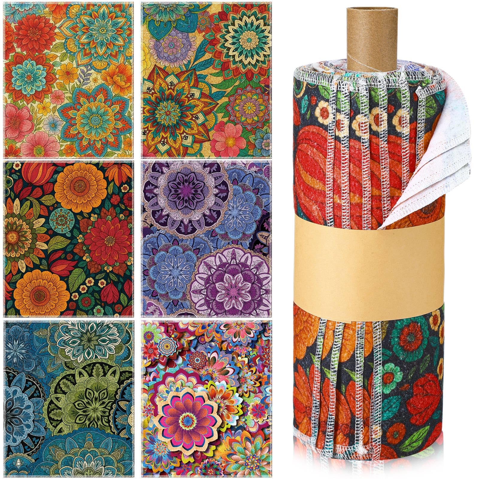 Redbaker 36 Pcs Reusable Paper Towels Rolls Towels Bulk Kitchen Washable Paperless Cloth Cotton Hand Napkins with Cardboard Reusable Napkins for Kitchen Bathroom (Boho Floral Style)