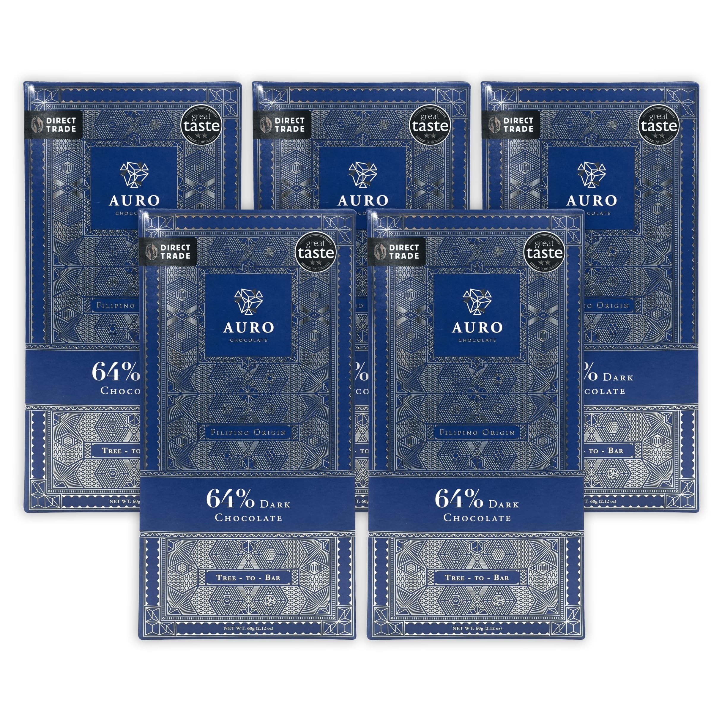 Auro 64% Dark Chocolate 5 Pack - Filipino Chocolate - Premium, Made At Origin, Direct Trade, Bean-to-Bar, Woman Owned, BIPOC Owned - Vegan, Gluten-Free, Halal - Bundle