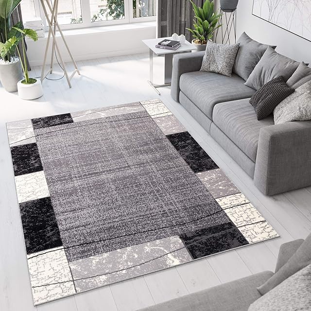 TAPISO Dream Area Rug Living Room Bedroom Short Pile Light Dark Grey Modern Frame Durable Carpet Size - 160 x 220 cm (5ft3 x 7ft3)