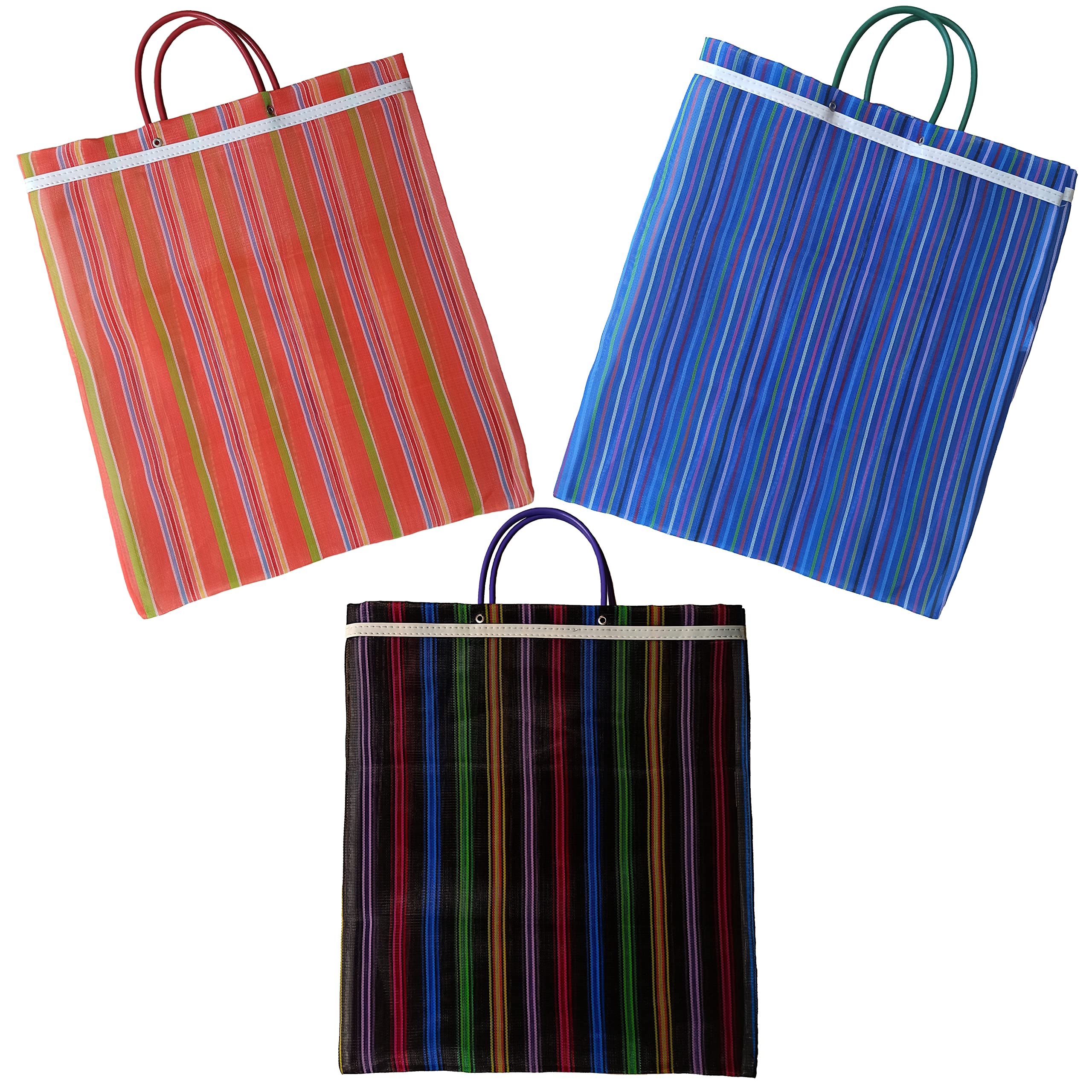 MEXICANDOOPack Set of 3 Large Mexican Mercado Tote Bags (Bolsas de Mercado / Bolsa Mandado) Mexican Market Bag in Assorted Colors Ecofriendly Reusable Grocery Shopping Bags, Colorful Net Mesh Market Bags