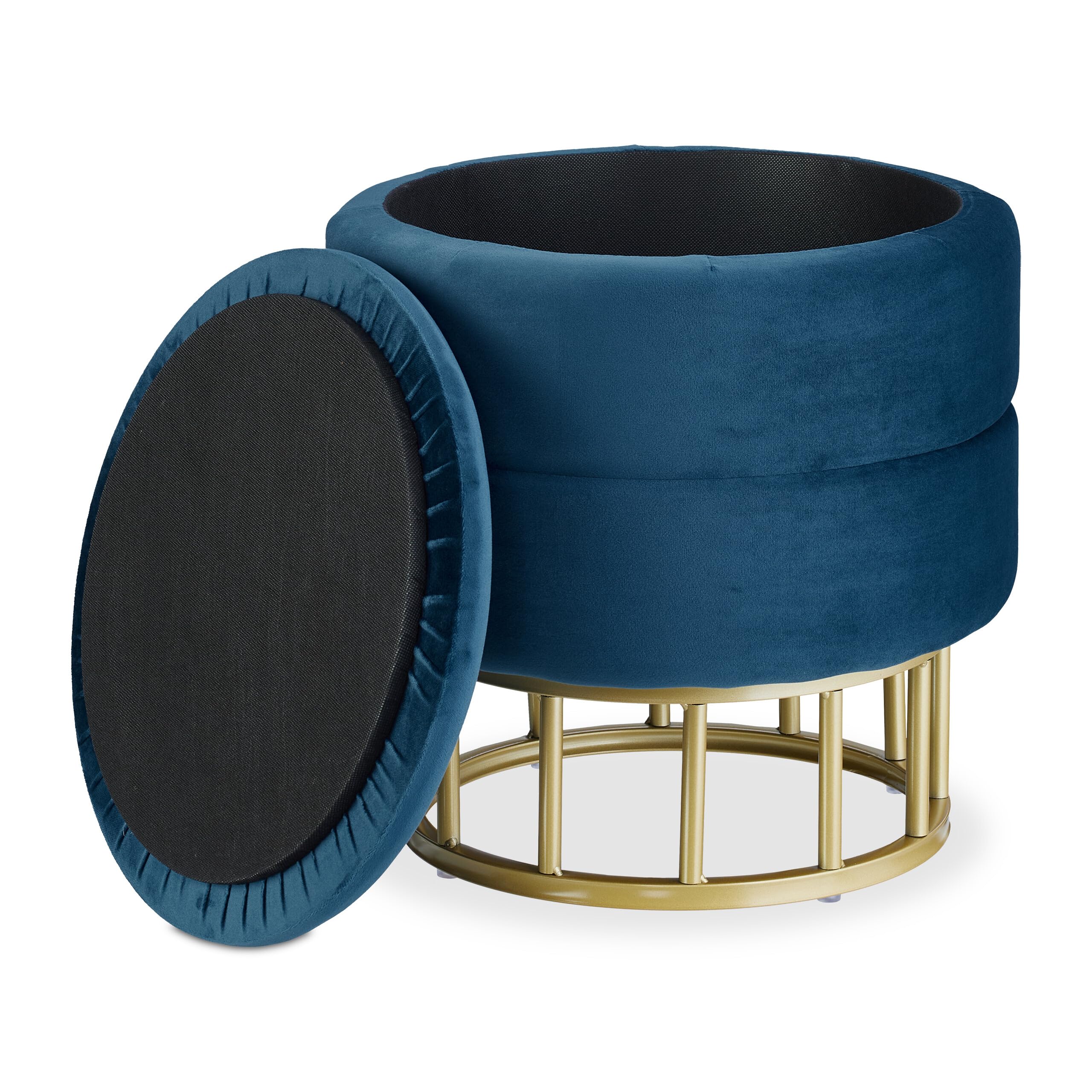 Relaxdays Samthocker mit Stauraum, runder Sitzhocker, gepolstert, Wohnzimmer, H x D: 40 x 40 cm, Hocker Samt, blau/Gold