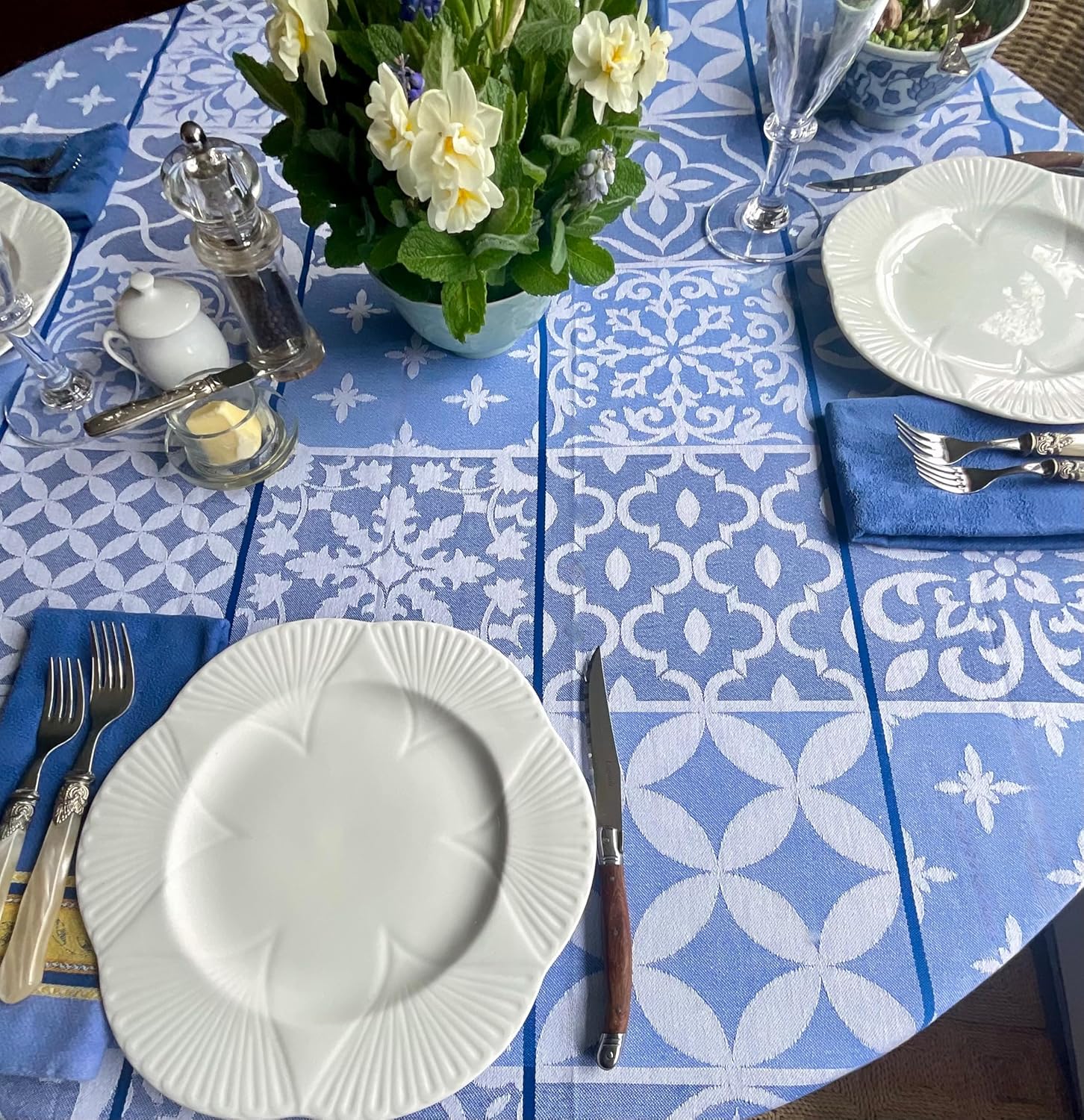 Amelie Michel Luxury French Cotton Jacquard Tablecloth in Carces, Blue & White | Stain Resistant, Easy-Care, Machine Washable Fabric Made in France [70" x 78" Rectangle]