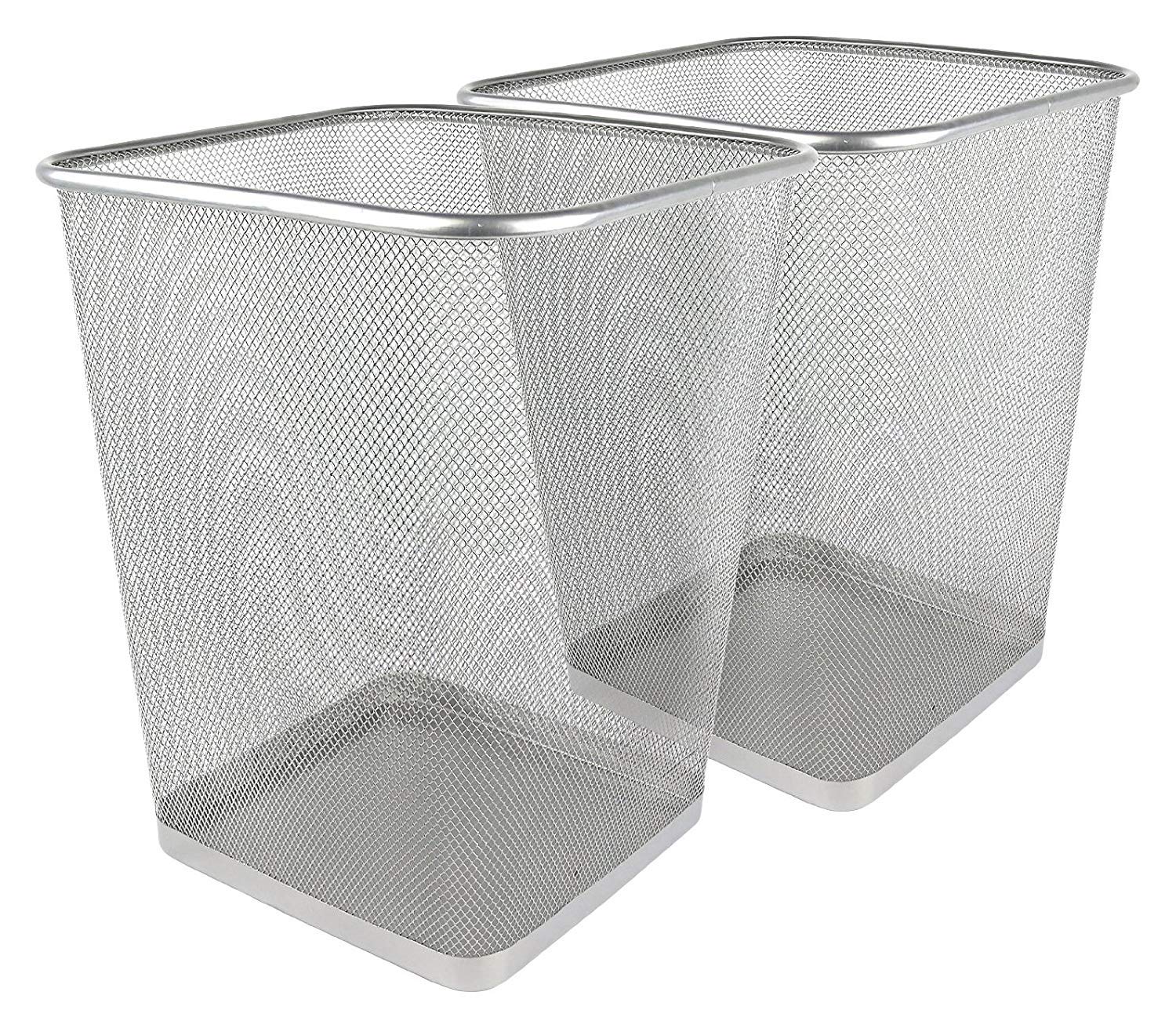 GreencoMesh Square Wastebasket, 6 Gallon, 2pk (Silver) - Lightweight & Sturdy Office Trash Cans for Near Desk - Garbage Can for Bedroom, Kitchen, Dorm - Garbage Bin - Trash Can Office & Home Supplies