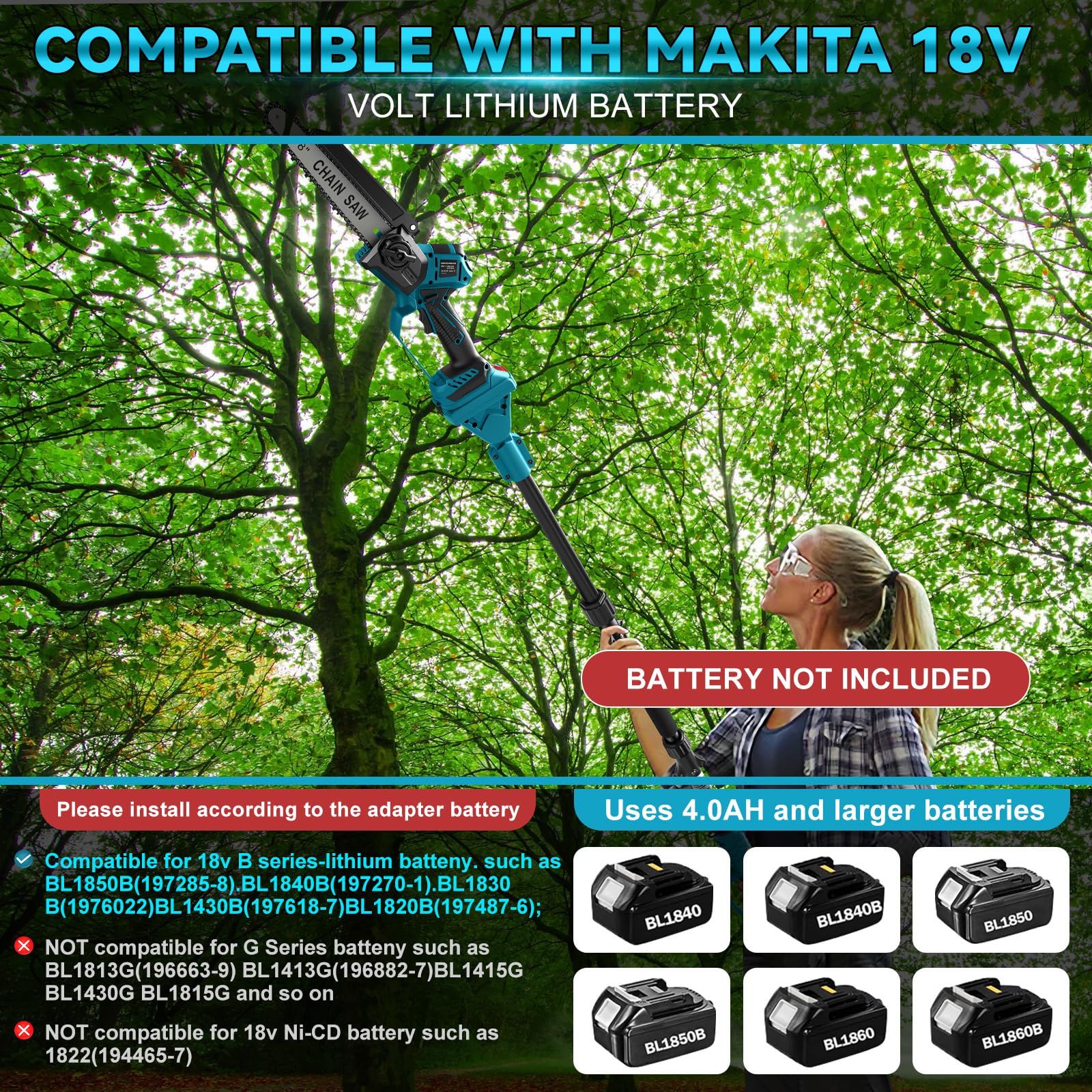 2-en-1 8 Pulgadas Mini Motosierra telescopico a bateria de Pértiga Inalámbrica para Makita 18 V (sin baterías), sierra sin Escobillas con telescópica para Exterior, Extensible hasta 4,5 m | (sin baterías) 2-en-1 de Pértiga Inalámbrica sierra sin Escobilla