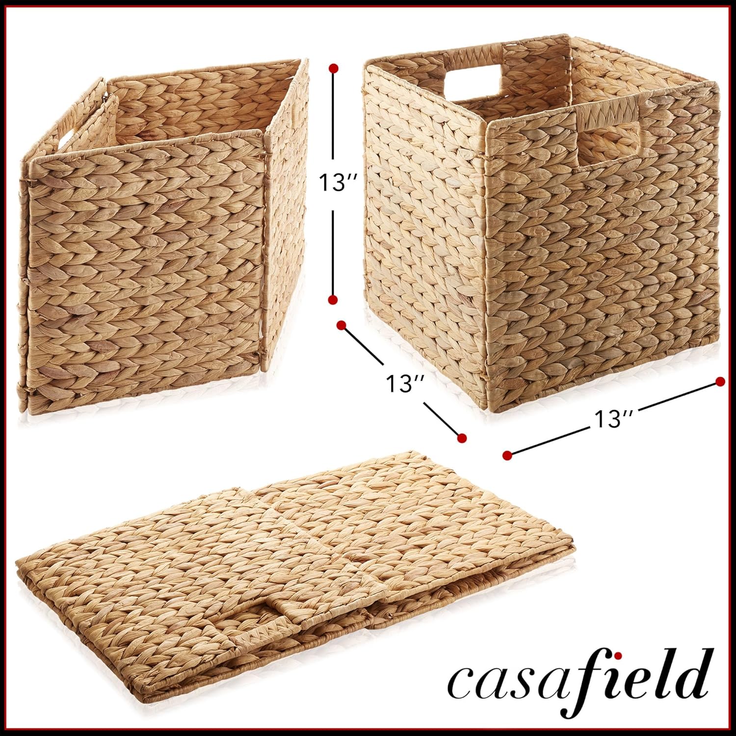 Casafield 13" x 13" Water Hyacinth Storage Baskets, Natural - Set of 6 Collapsible Cube Organizers, Woven Bins for Bathroom, Bedroom, Laundry, Pantry, Shelves - Image 7