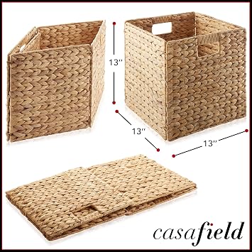 Casafield 13 x 13 Water Hyacinth Storage Baskets, Natural - Set of 4 Collapsible Cube Organizers, Woven Bins for Bathroom, Bedroom, Laundry, Pantry, Shelves