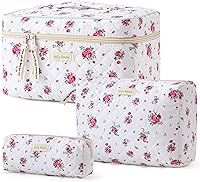 Vista 15 de HBselect Bolsa de Maquillaje Acolchada, 3 Piezas de Gran Bolsa de Maquillaje de Viaje de Algodón, Linda Bolsa de Maquillaje Floral Coquette, Bolsa