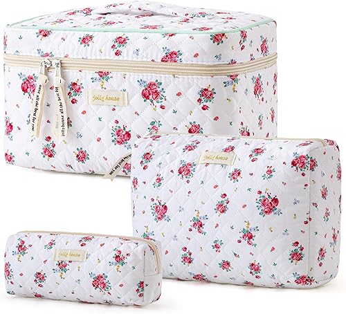 Miniatura 15 de HBselect Bolsa de Maquillaje Acolchada, 3 Piezas de Gran Bolsa de Maquillaje de Viaje de Algodón, Linda Bolsa de Maquillaje Floral Coquette, Bolsa