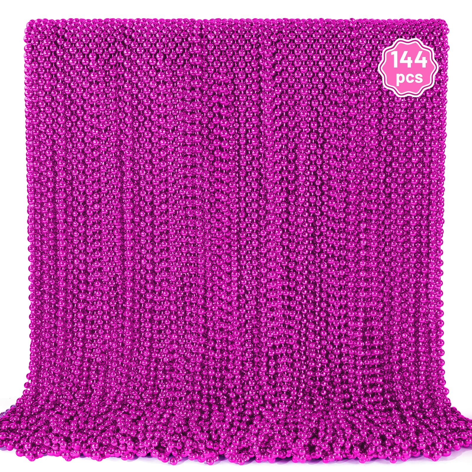 YAXINRUI 144 PCS Hot Pink Bead Necklaces, Pink Mardi Gras Beads, Cancer Awareness Bead Necklace, Valentine Necklace, 33 Inch Round Party Beads for