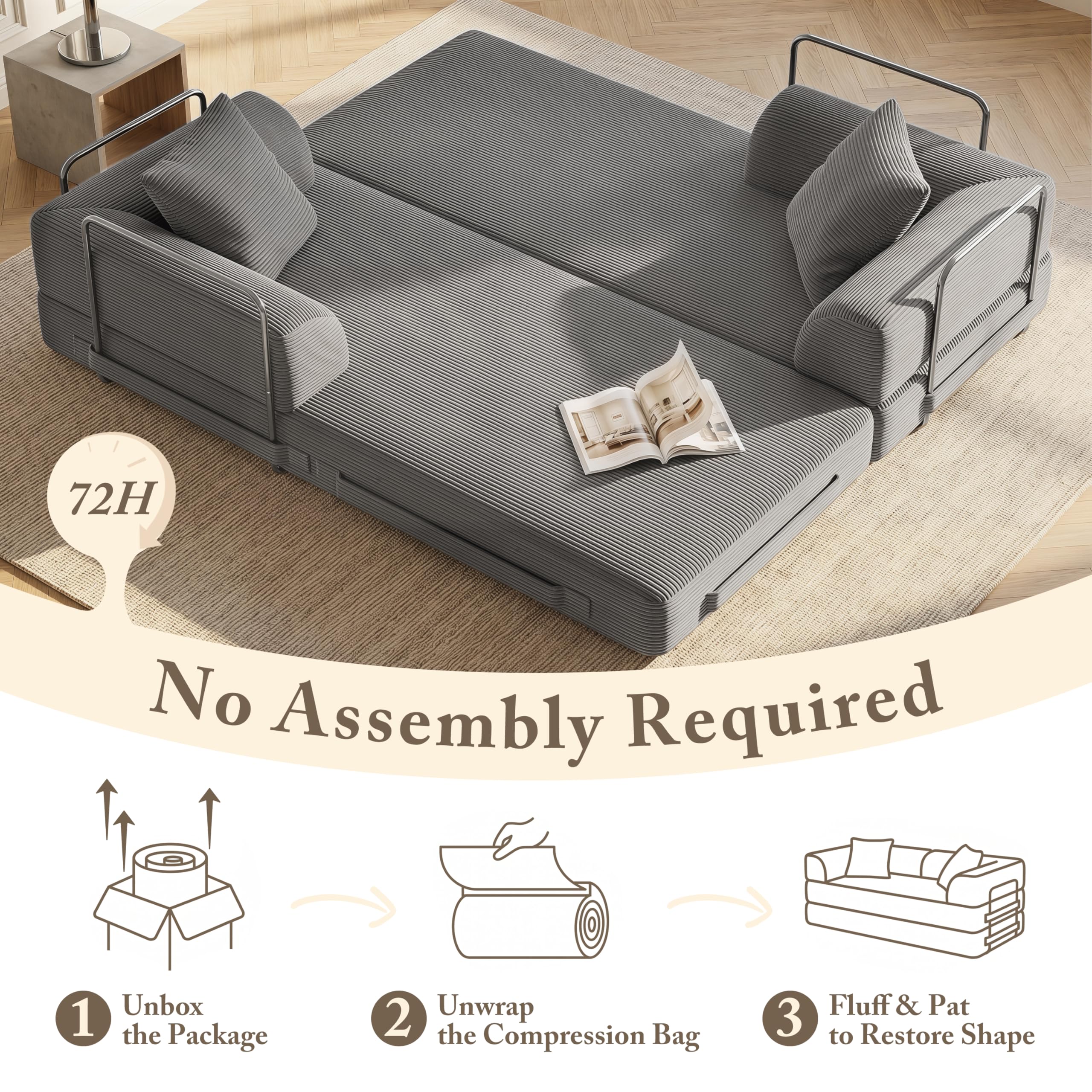 Cloud Boneless Couch Futon Sofa Bed, 5-in-1 Convertible Sofa Bed Pull Out Couch Sleeper Sofa Compressed Loveseat, 70" High-Density Sponge & Corduroy Fabric Futon Daybed for Living Room Bedroom (Gray) | 5-in-1 Convertible