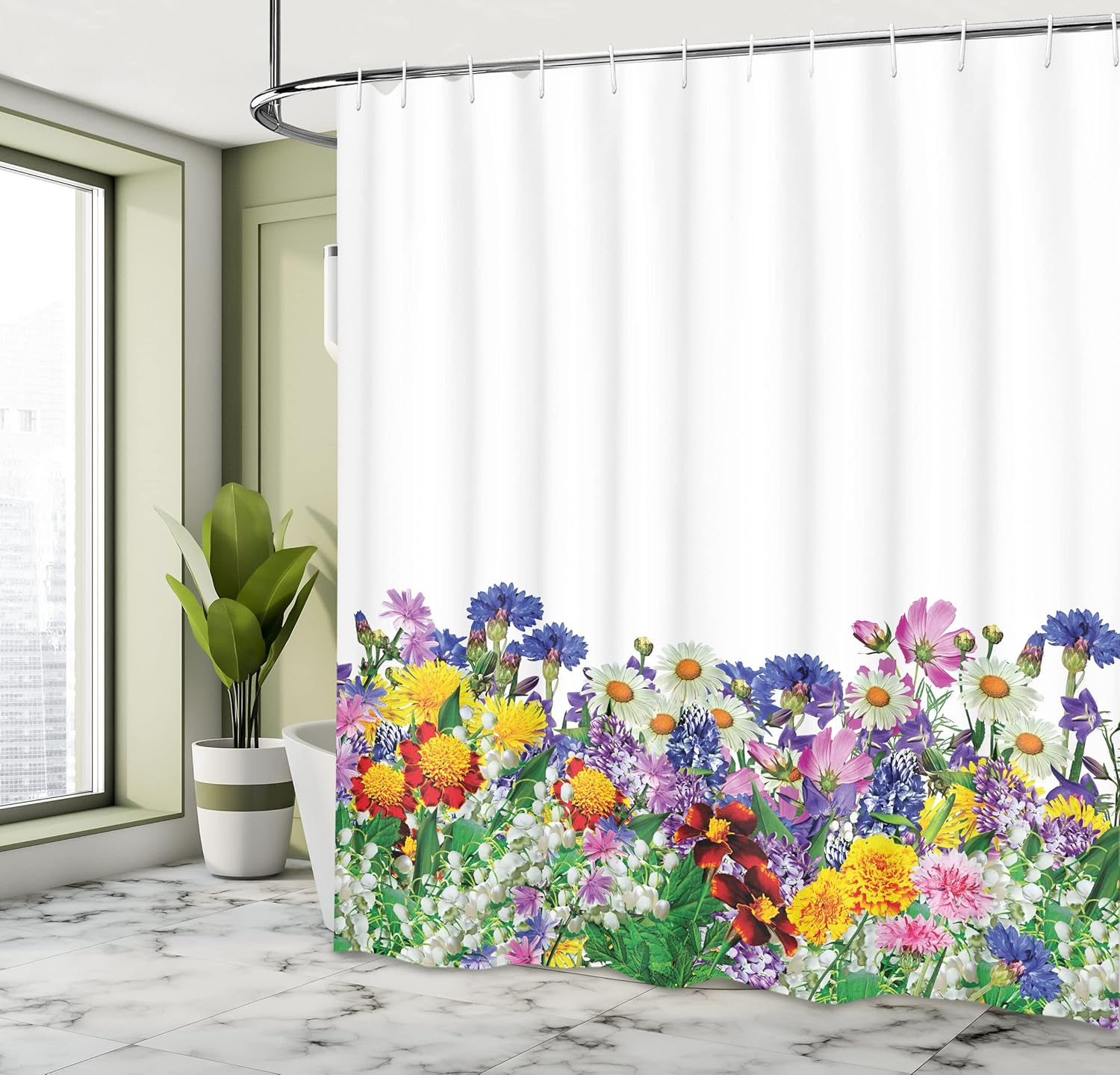 Ambesonne Flower Shower Curtain, Floral Garden with Daisies Violets and Tulips Nature Colored Theme Print, Cloth Fabric Bathroom Decor Set with Hooks, 69" W x 70" L, Marigold