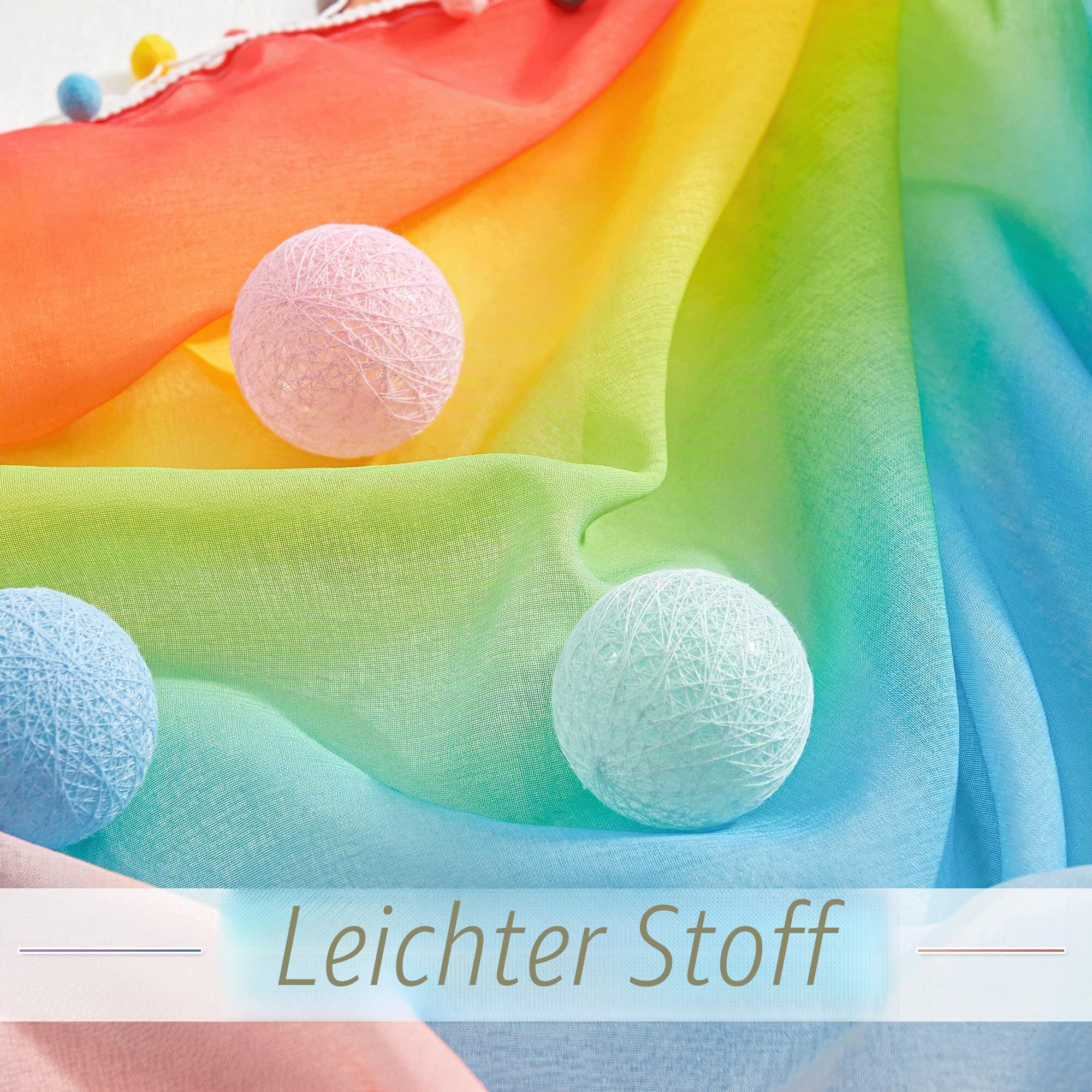 NICETOWN Farbverlauf Gardinen Kinderzimmer Ösenvorhang 2er Set H 160 x B 140 cm Regenbogen Leinenoptik Vorhang Transparent mit Bunten Pompons Dekoration