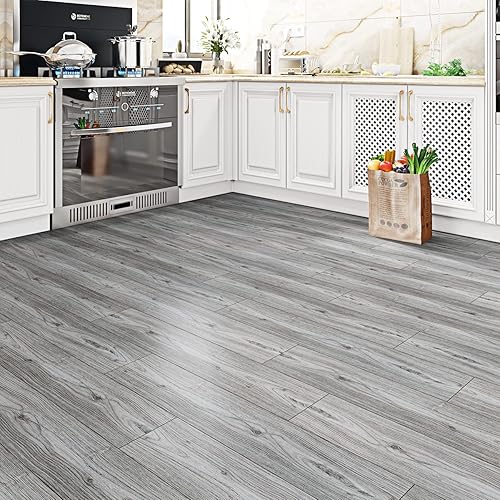 Miniatura 8 de Livelynine 16 piezas de 6 x 36 pulgadas, azulejos de suelo de madera gris para despegar y pegar, azulejos de vinilo impermeables para despegar