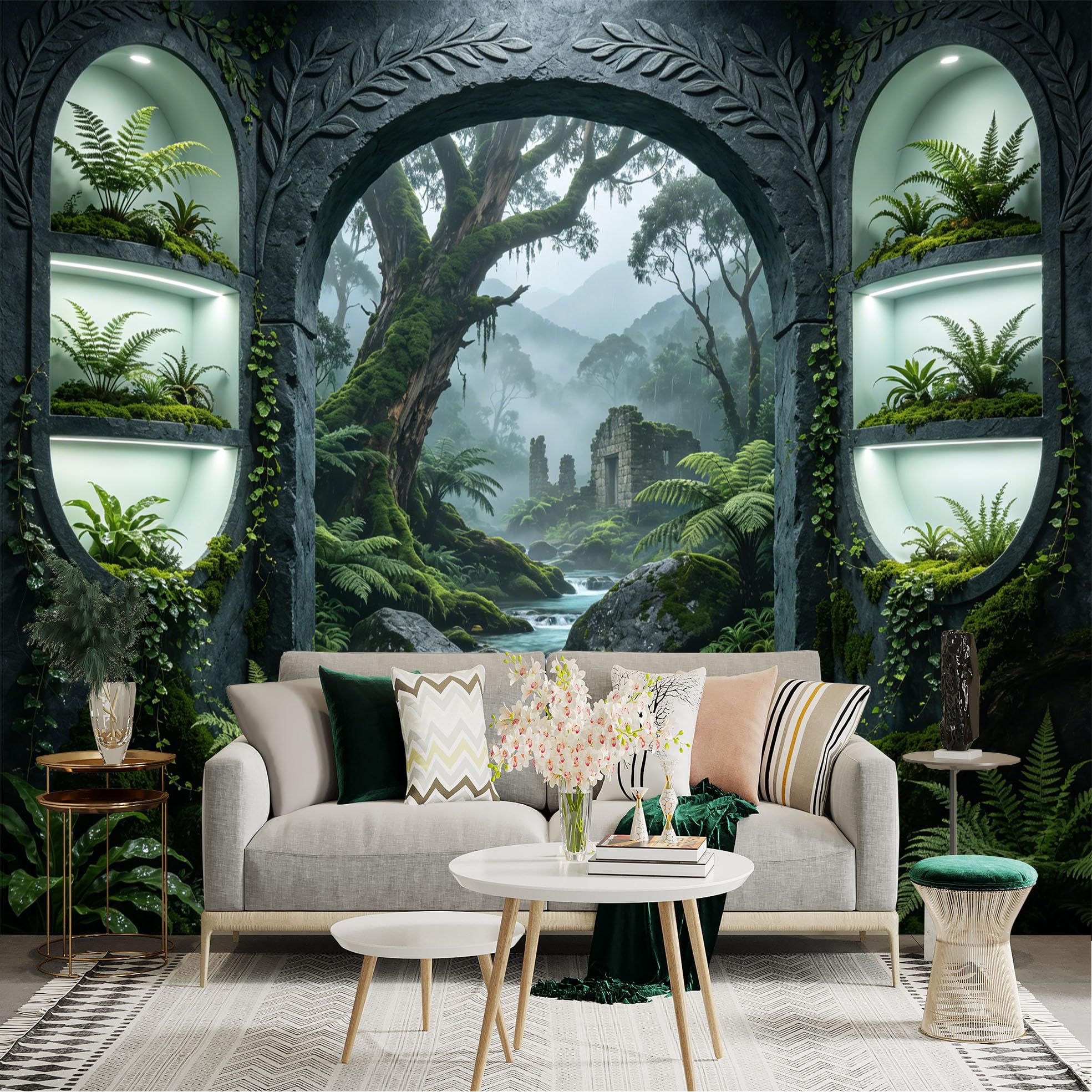 Lnzczhyre Dbh260521068 Custom Size Wall Sticker Mural， Enchanted Stone Archway， Lush Fern Forest， Misty River Landscape， Ancient Ruins， For Wall Decoration， Peelandstick Wall Decals.