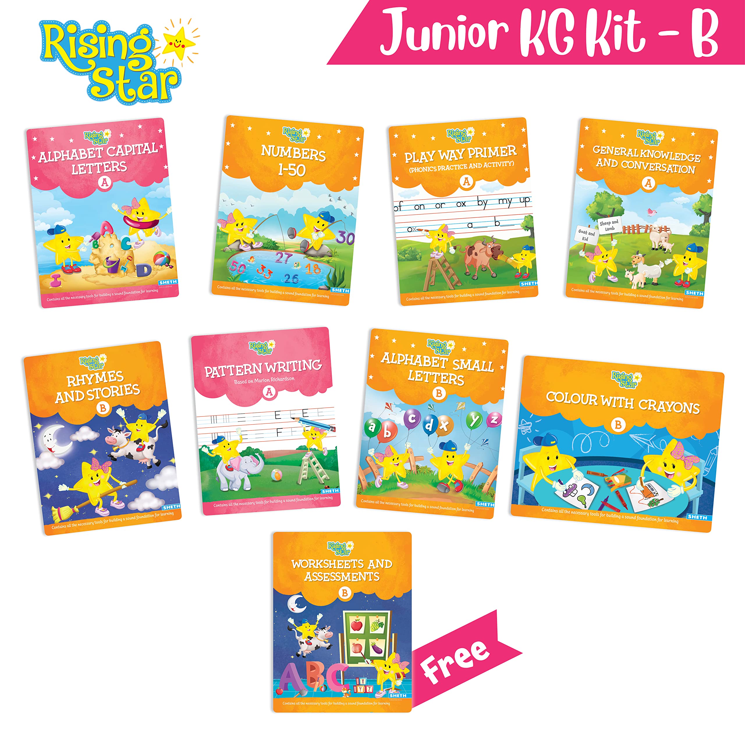 Rising Star Preschool Learning Junior KG Kit B| Pattern Writing| Alphabet Capital & Small Letters| Numbers 1-50| General Knowledge| Rhymes & Stories| Colour With Crayons| FREE Worksheets|LKG Kids Early Learning Books | Ages 4-5 Years