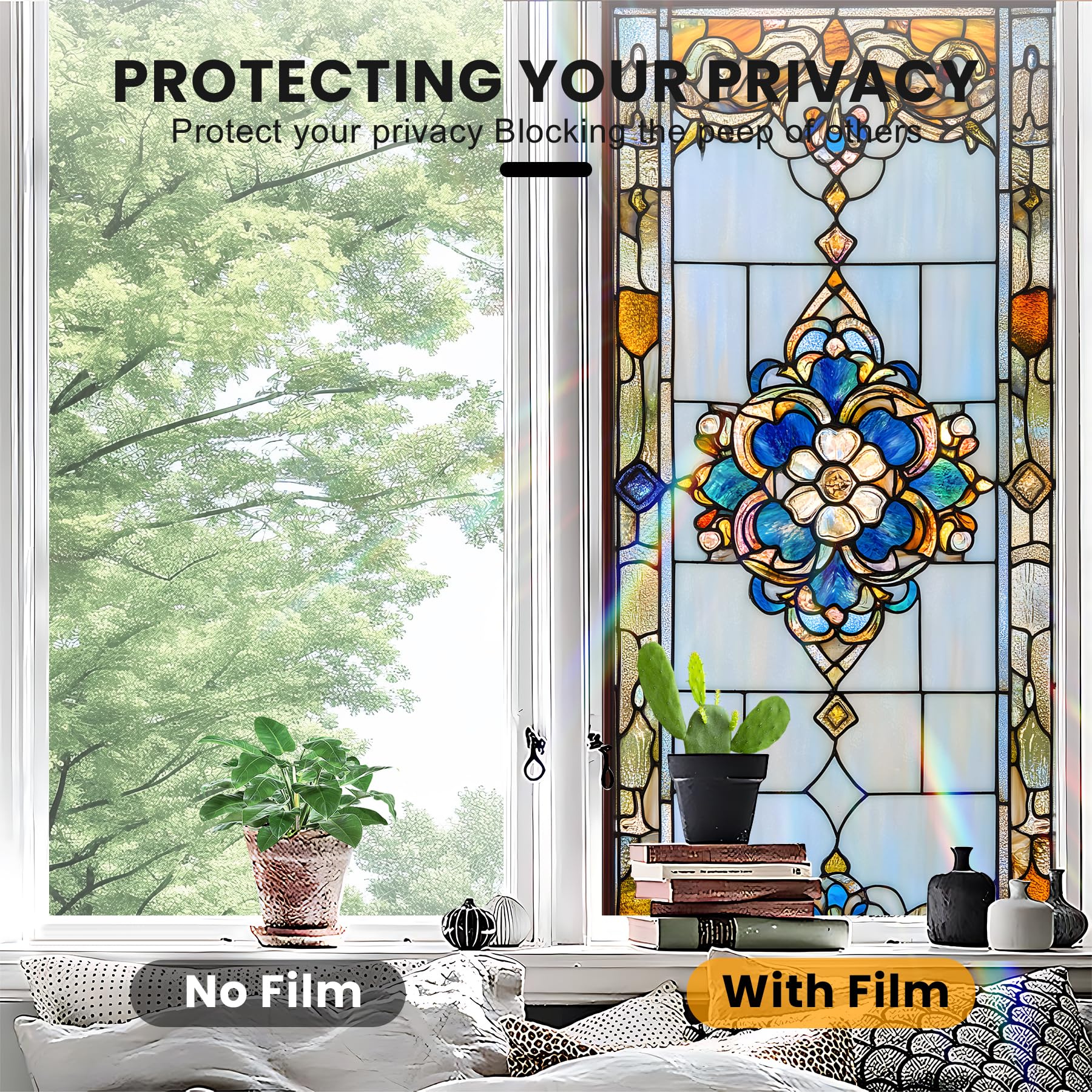 Window Privacy Film, Stunning Sun and Landscape Stained - Glass Mosaic Design, Non - Adhesive Glass Window Covering, Vibrant Summer Decor (H3742)